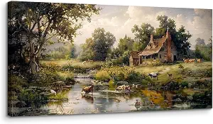 crmotu Large Wall Art for Living Room, Farm Landscape Canvas Painting, Riverside Forest Cottage Scenery Art Prints, Animal Cow Sheep Modern Farmhouse Bedroom Bathroom Pictures Wall Decor 30"X60"