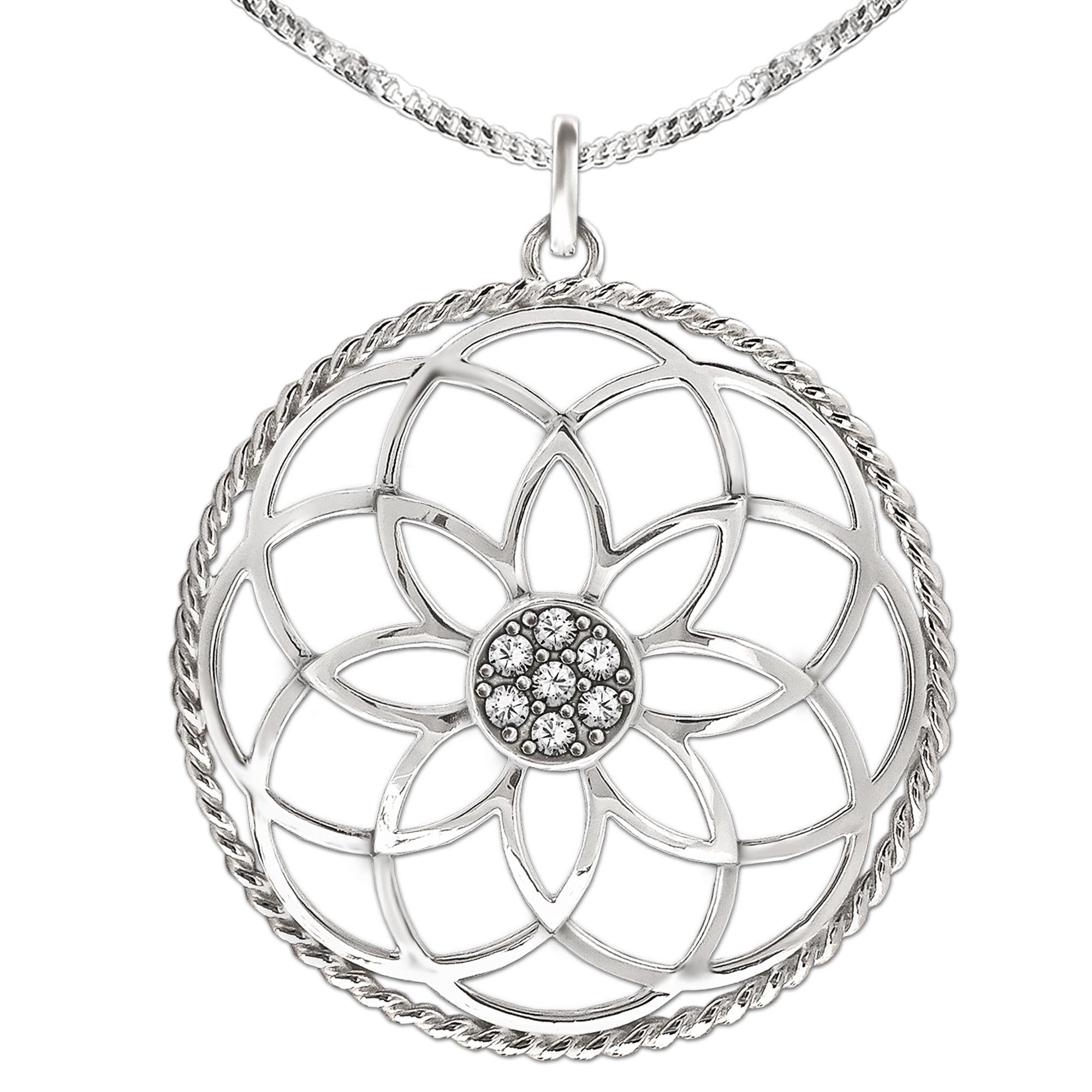 CLEVER SCHMUCK Damen Kette Blume des Lebens Silber mit viele Zirkonias gedrehtem Rand + Panzerkette 50 cm STERLING 925 im Luxus Etui