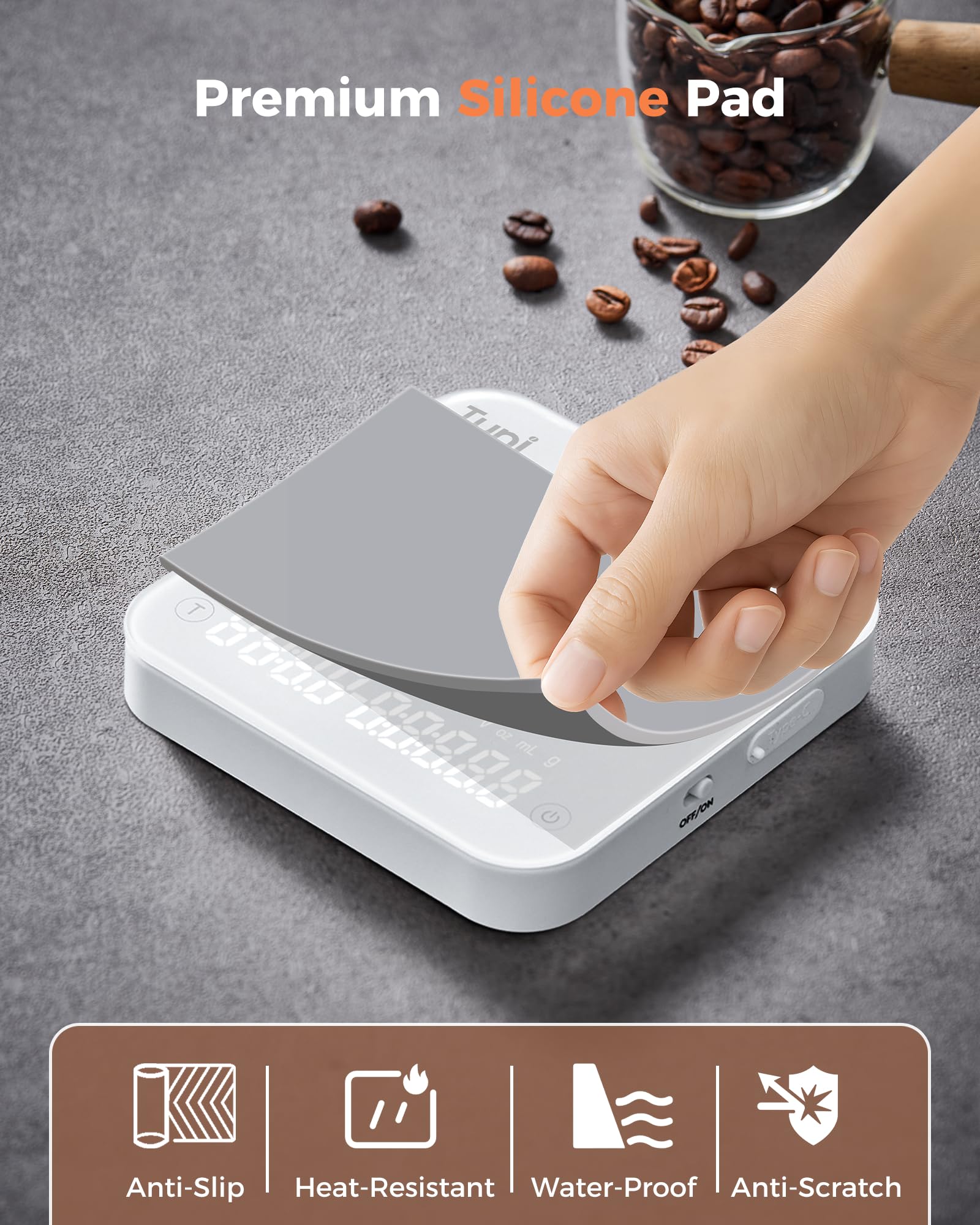Tuni Báscula de café con sincronización automática, báscula digital recargable para expreso, escala precisa de 2 kg/0,1 g para café expreso y café vertido, medidas en g/oz/ml, relación polvo/agua,