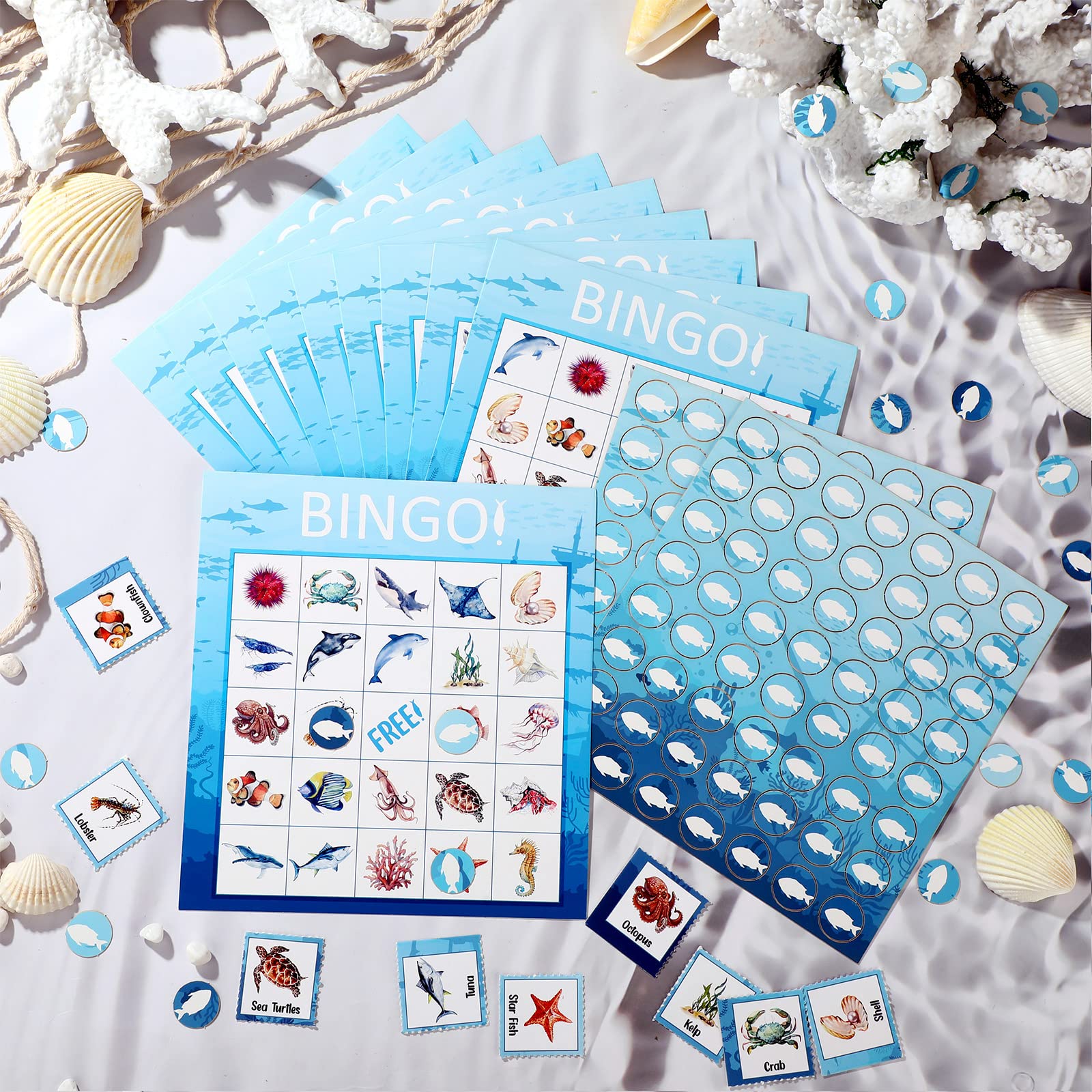 Juego de bingo oceánico para 28 jugadores para niños bajo el mar criatura jugando cartas divertidas educativas para grupos de memoria para la escuela, aula, actividades familiares, suministros 2