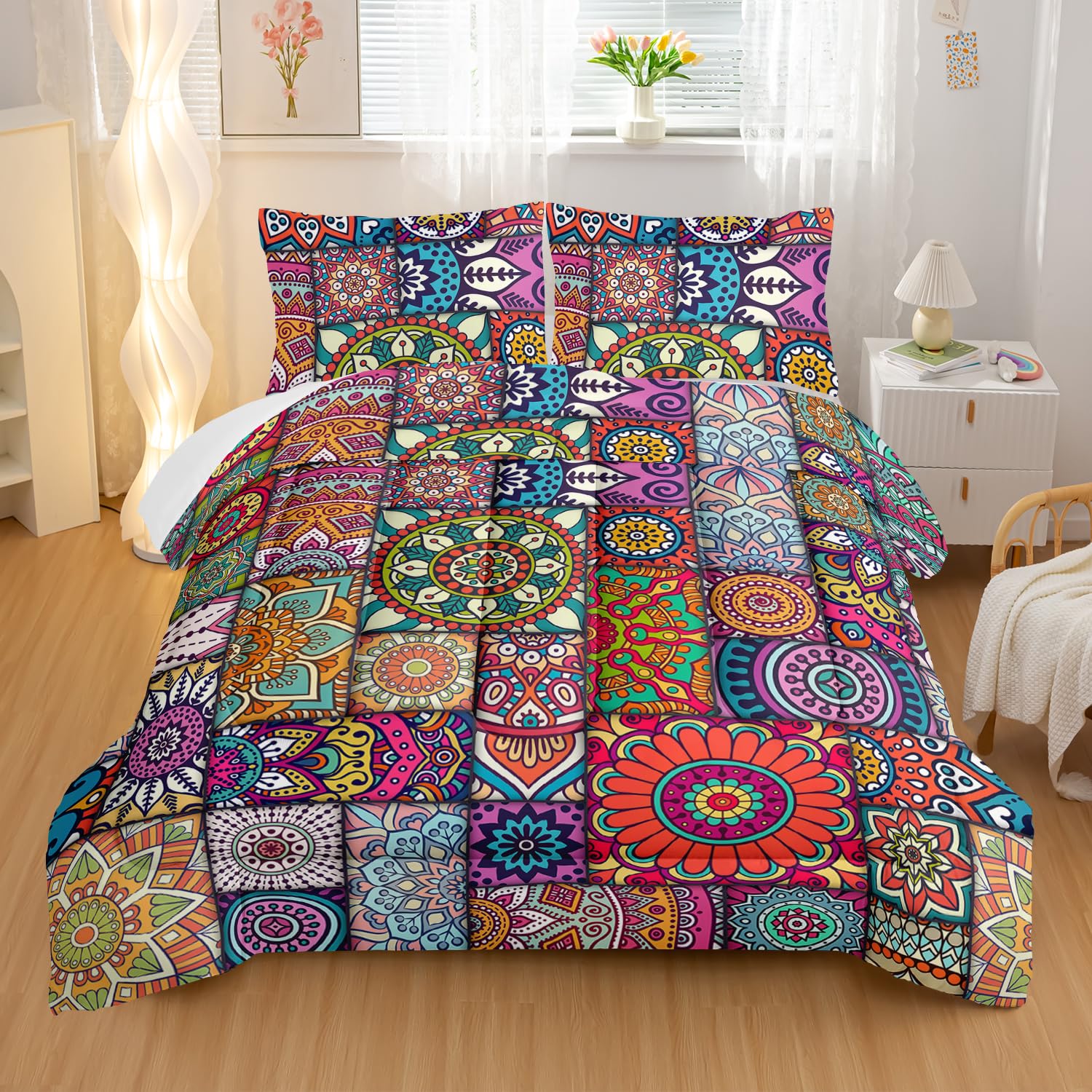 Nttopship Colorful Bohemian Comforter Sets Twin Size,Geometry Bohemia Bedding Set for Your Room,Abstract Soft Lightweight Quilted Set All Season,1