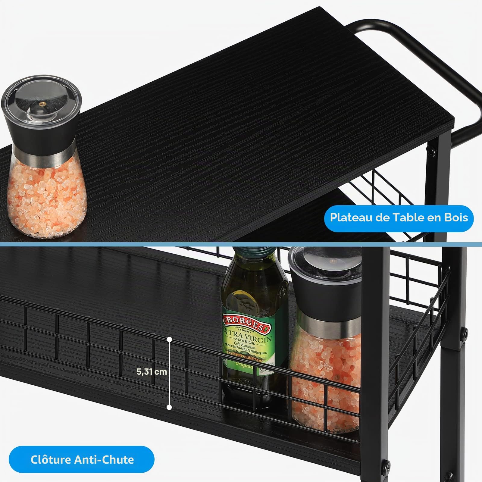 YBING Chariot de rangement fin à roulettes – Chariot de rangement mobile à 4 niveaux avec poignée en bois et en métal – Étagère de rangement coulissante pour cuisine, salon, petits endroits, noir