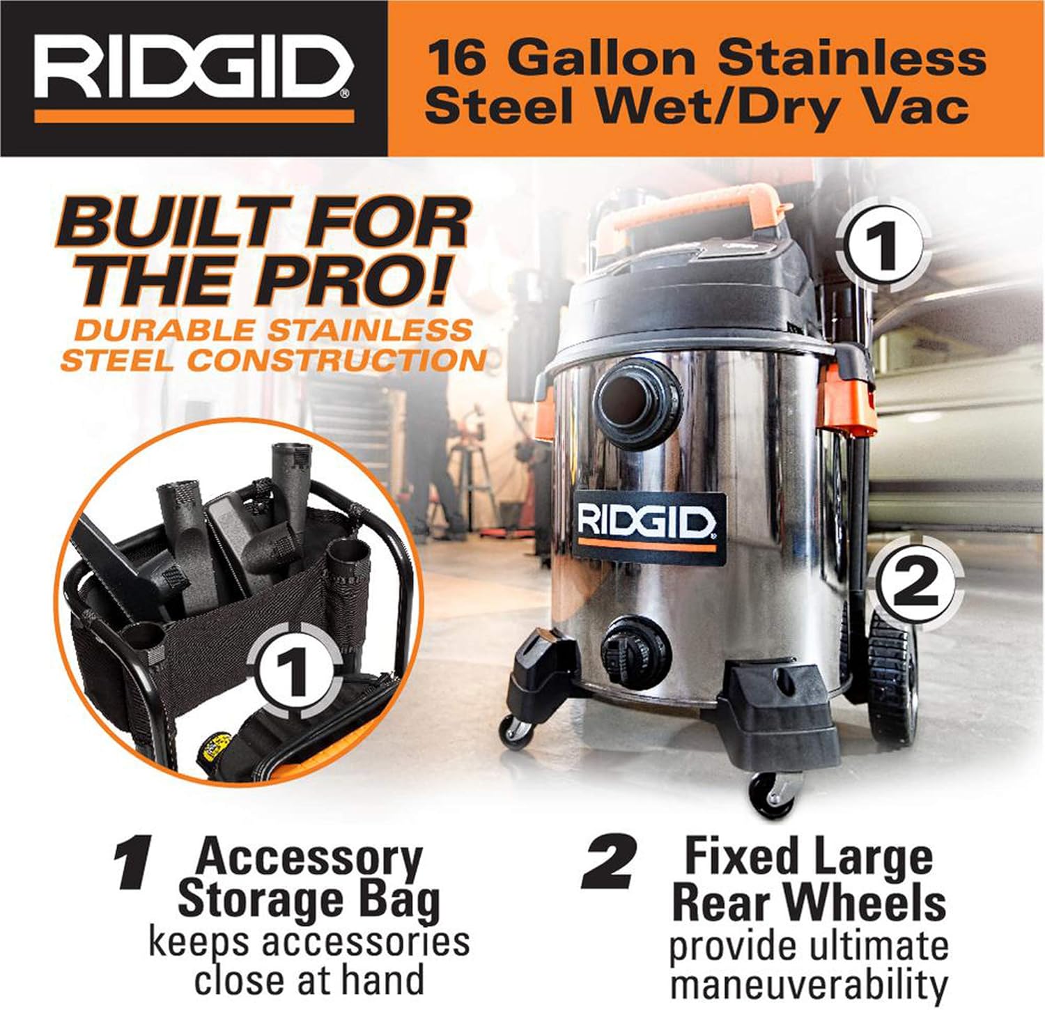 Ridgid Ridgidon WD1956 16 gal. 6.5-Peak HP Stainless Steel Wet Dry Vac : Industrial & Scientific