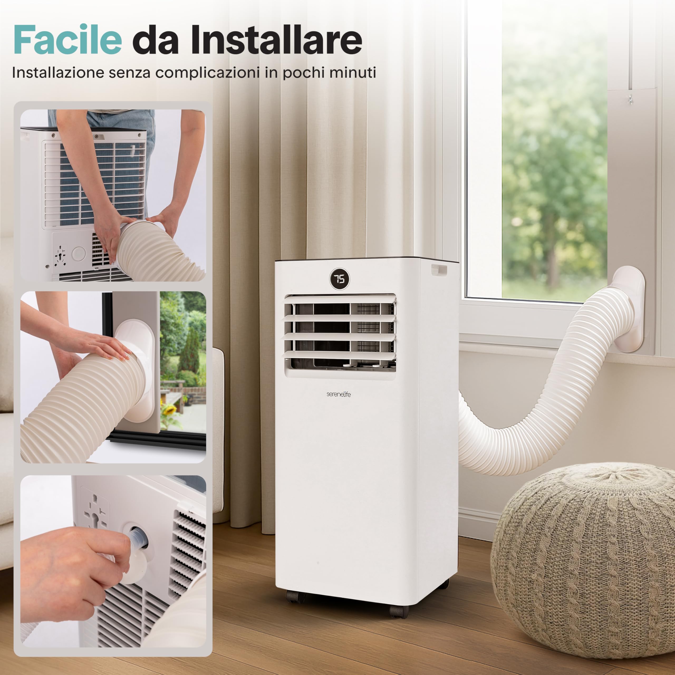 SereneLife Climatiseur Mobile 7000 BTU avec Chauffage, Jusqu'à 31 m² – Silencieux 55 dB, Déshumidificateur, Ventilateur, Télécommande et Écran LED