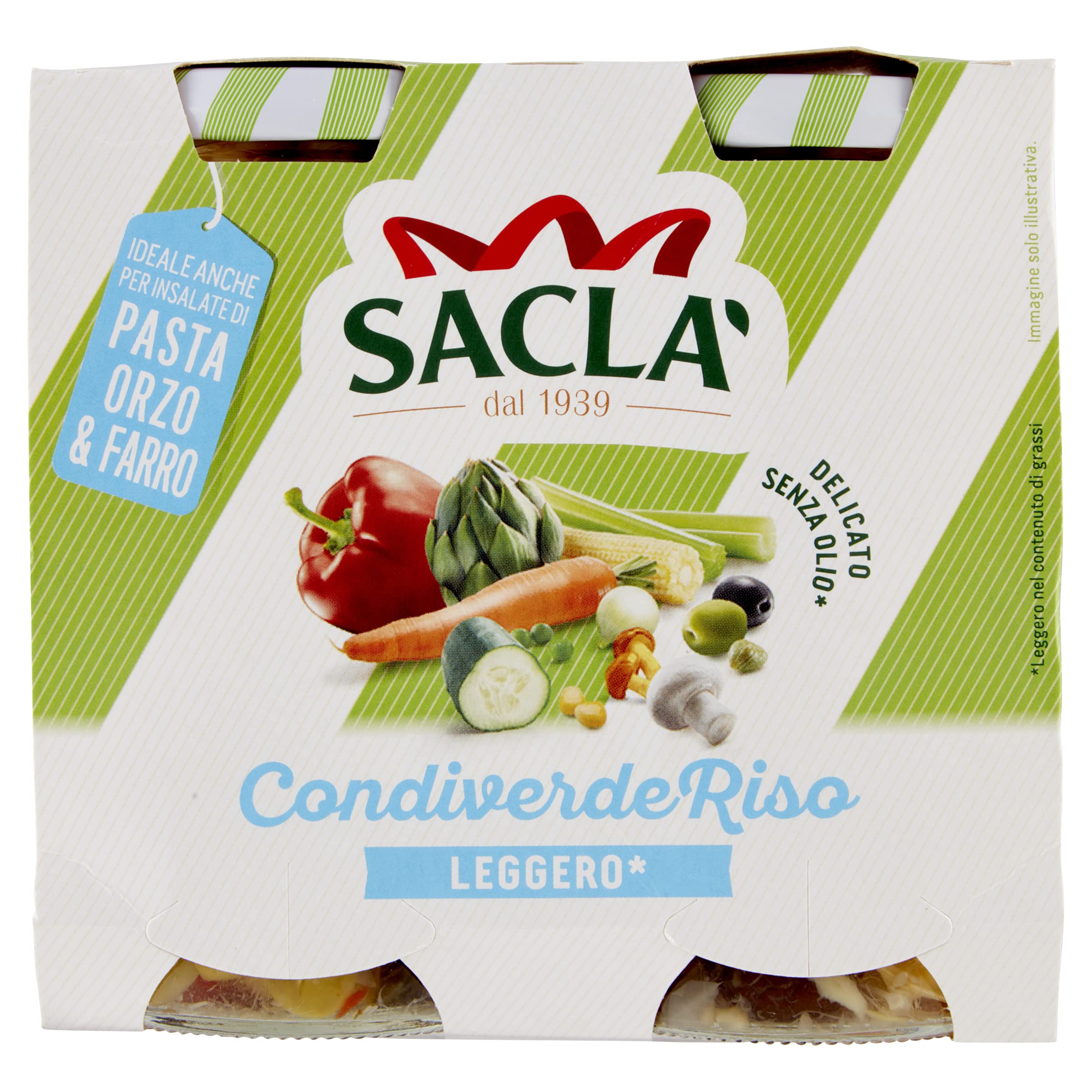 Saclà, Condiverde Riso Leggero Duo, Condimento di Mix di Verdure per Insalata di Riso e altri Cereali, Senza Olio, Vaso Vetro, 2x290g (2x175g sgocciolato), Confezione da 6 pezzi