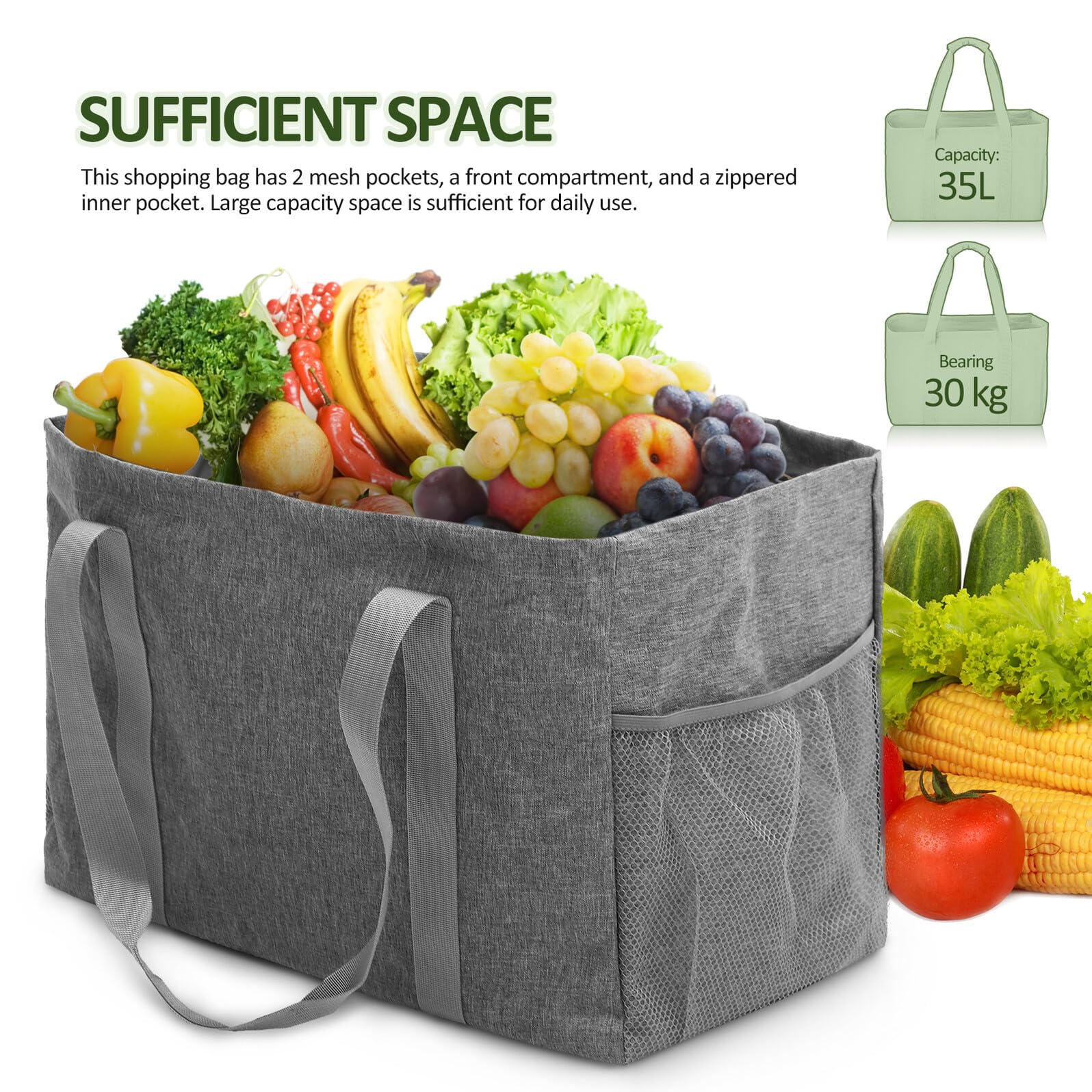 Angoily Bolsa Compra Plegable Gris de Gran Capacidad 455X255X305 CM con Asas Reforzadas y Bolsillos Interiores para Uso Diario Picnic y Viaje