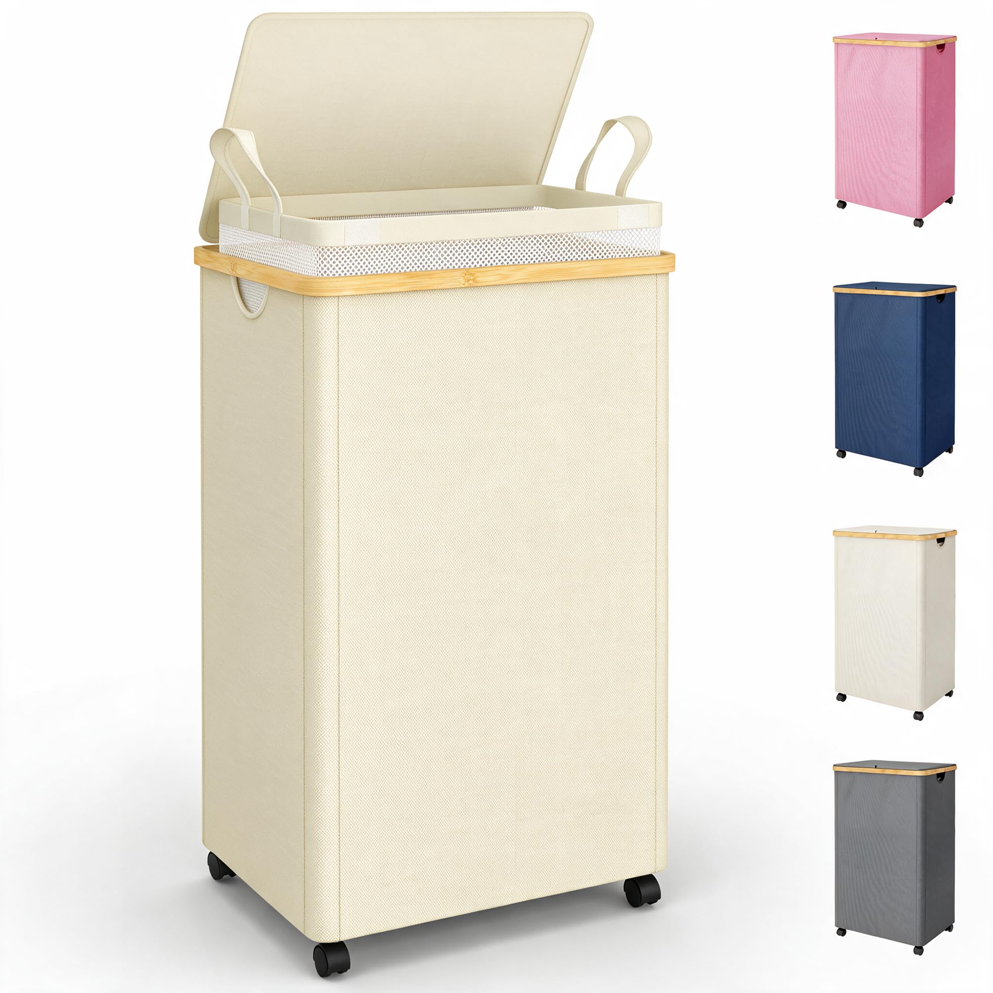 efluky 100L Laundry Basket with Wheels and Lid, Rolling Laundry Hamper with Bamboo Handles and Removable Bag, Dirty Clothes Hamper on Wheels for Laundry Room Organizer, Dorm