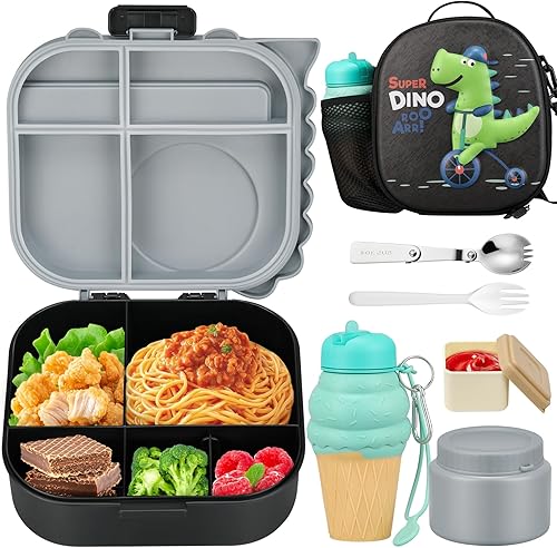 Miniatura 20 de Juego de fiambreras para niños, tarro de comida aislado de 12 onzas, bolsa térmica, recipientes de comida a prueba de fugas, cubiertos (sin BPA),