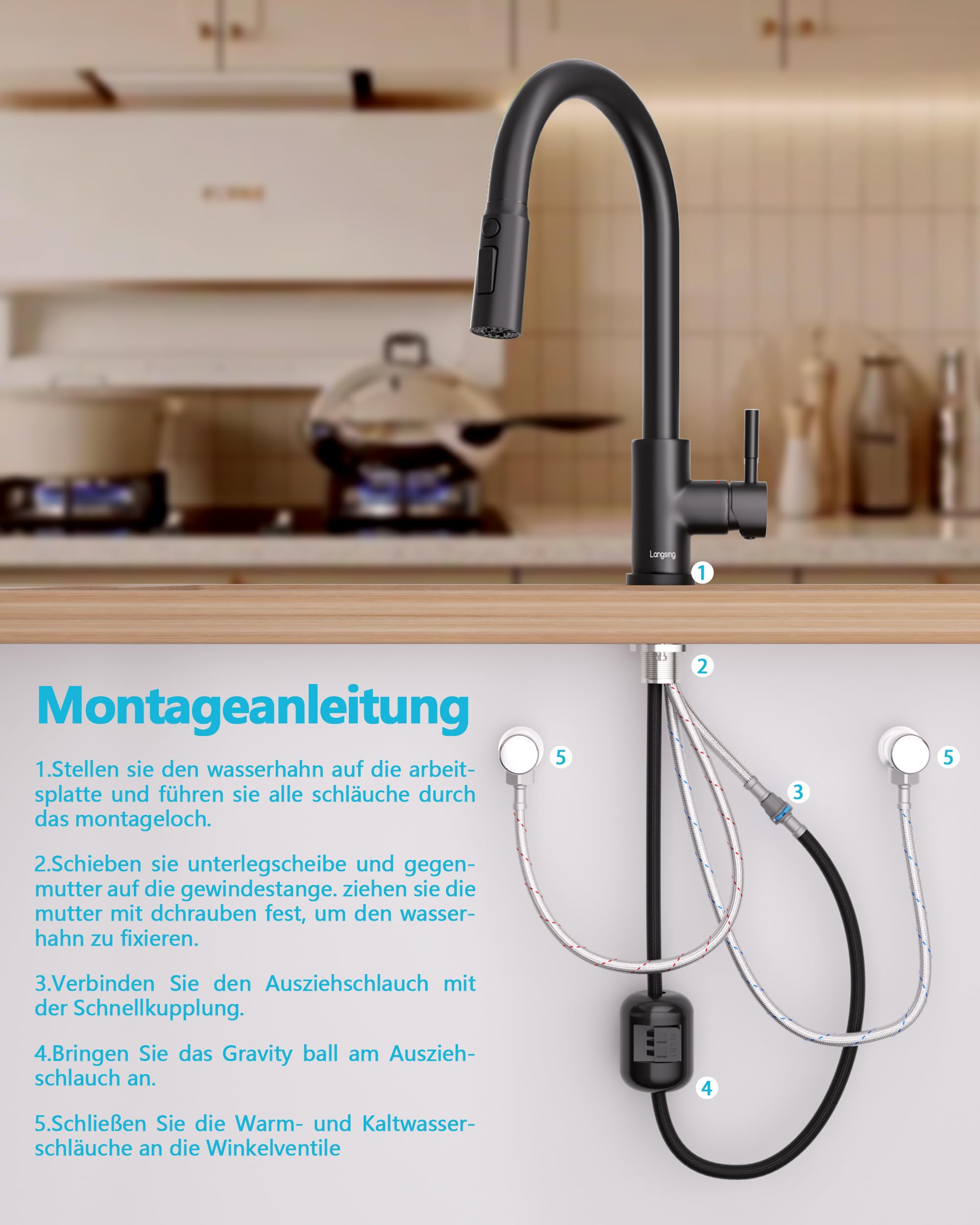 Wasserhahn Küche Schwarz, Hochdruck Küchenarmatur, Drei Strahlarten mit Küchenarmaturen, 360°-Drehbare Wasserhahn Küche, 304 Edelstahl-Armatur Küche(Schwarz)