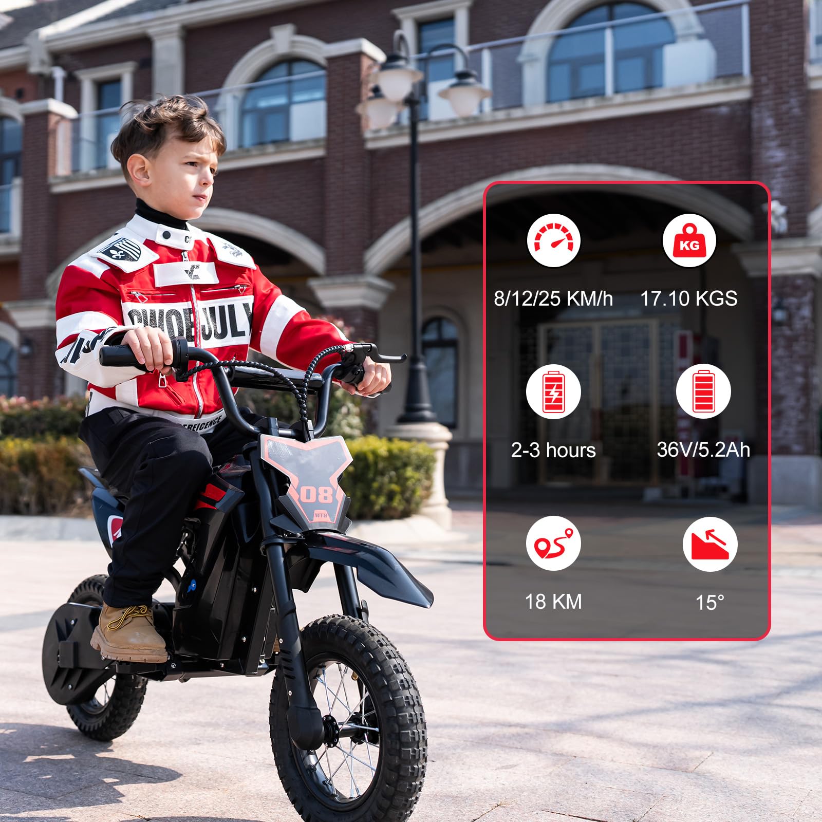 Moto Eléctrica para Niños 300W, 3 Velocidades 8/12/25 km/h, Batería 36V 5,2Ah, Autonomía hasta 18 km, Neumáticos 12 Pulgadas, Freno de Tambor, hasta 60 kg
