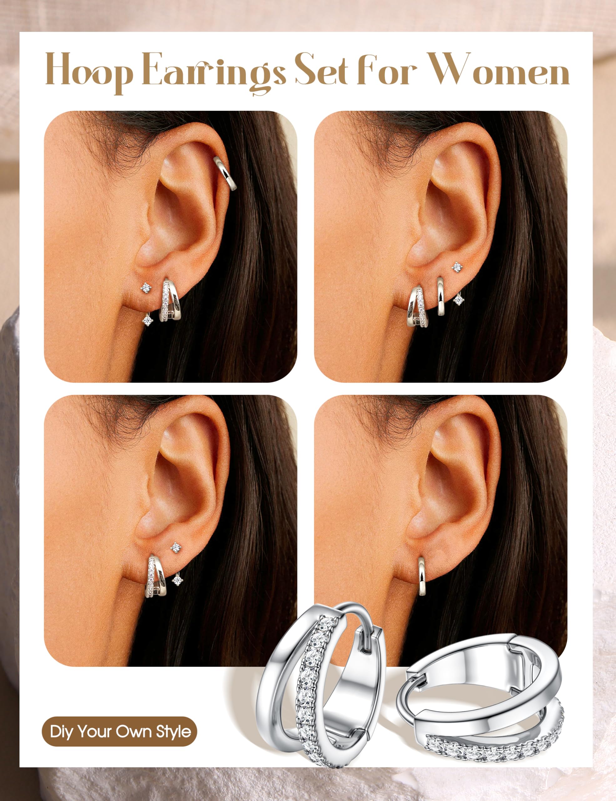 Finrezio 3 Paia Orecchini Cerchio Donna Argento 925 Oro Placcato 14K Huggie Piccoli Orecchini a Bottone Set Anallergici Orecchini a Cerchio Set per Piercing Multipli Argento/Oro