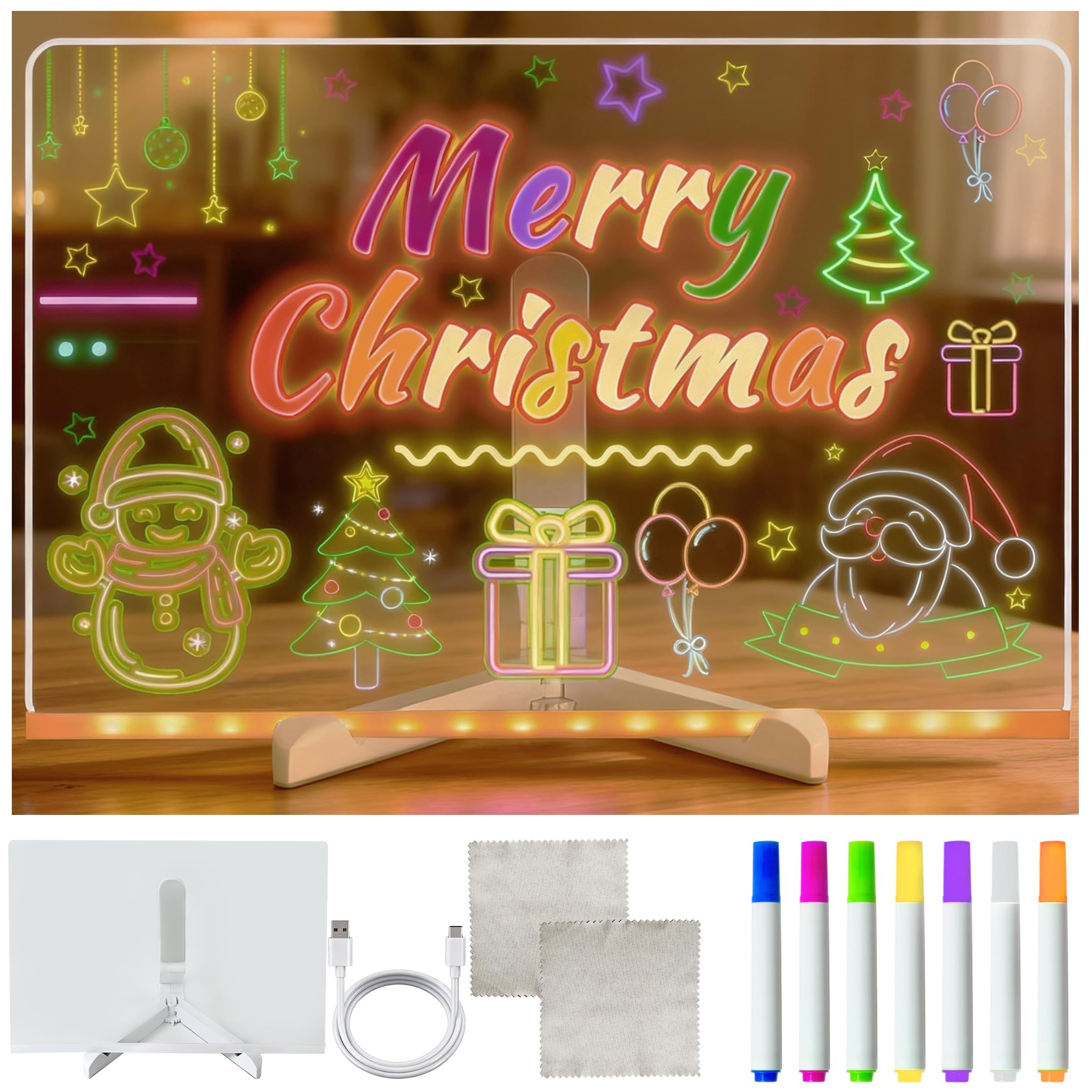 PICKONA LED Note Board with 7 Colours Pen Magic Light Up Acrylic LED Drawing Board for Kids Writing Doodling Message Planner Home Office Cafe