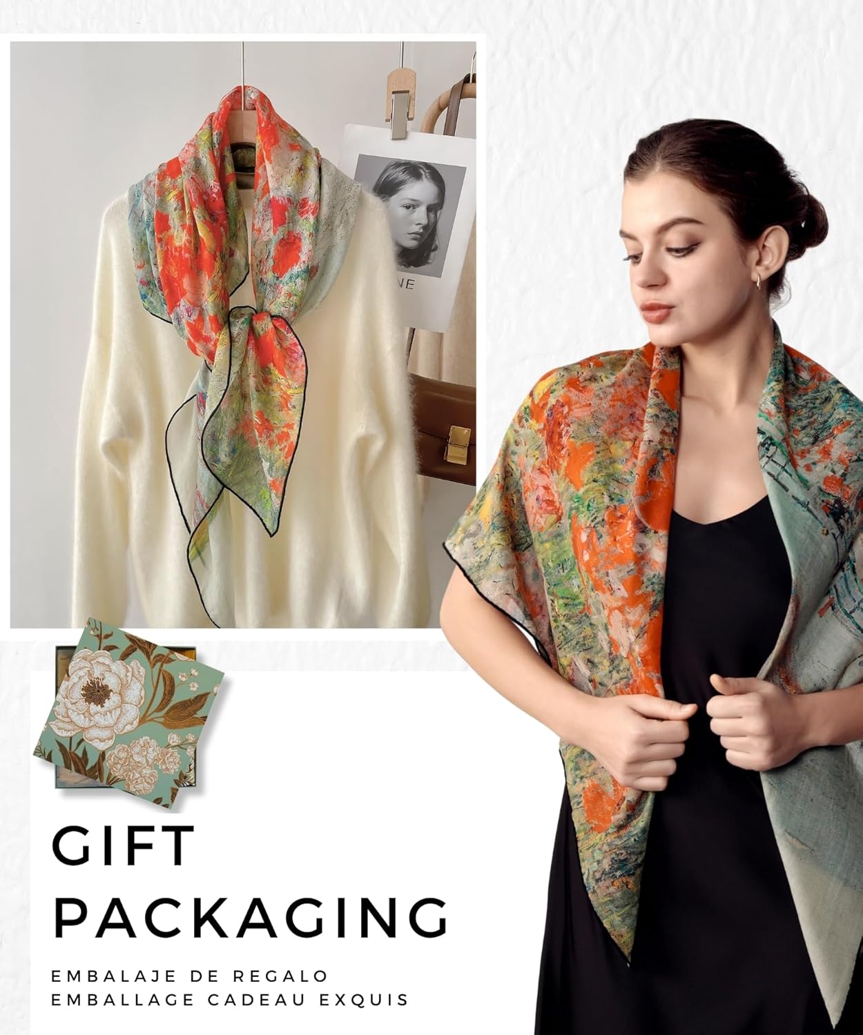 PoeticEHome Cashmere Scarf Wrap 36"x36" - Featherlight & Wrinkle-Free Artistic Square Shawl for Travel & Office, Gift Ready - Image 6