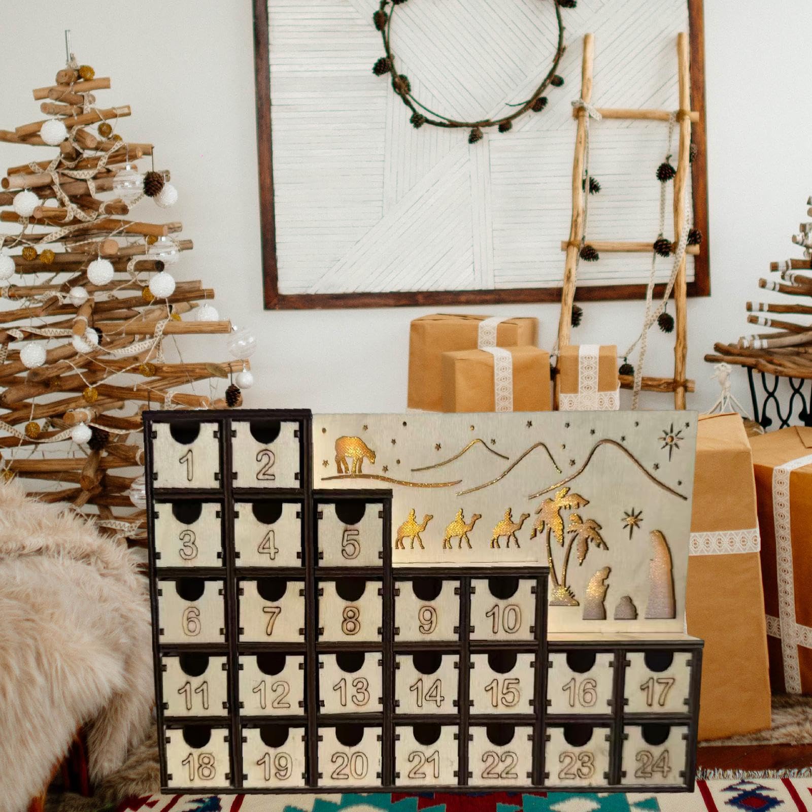 predolo Weihnachtskalender Adventskalender Holz mit 24 Schubladen Dekoratives LED Licht Kreative Aufbewahrung Festliches Sammelstück für Wohnzimmer