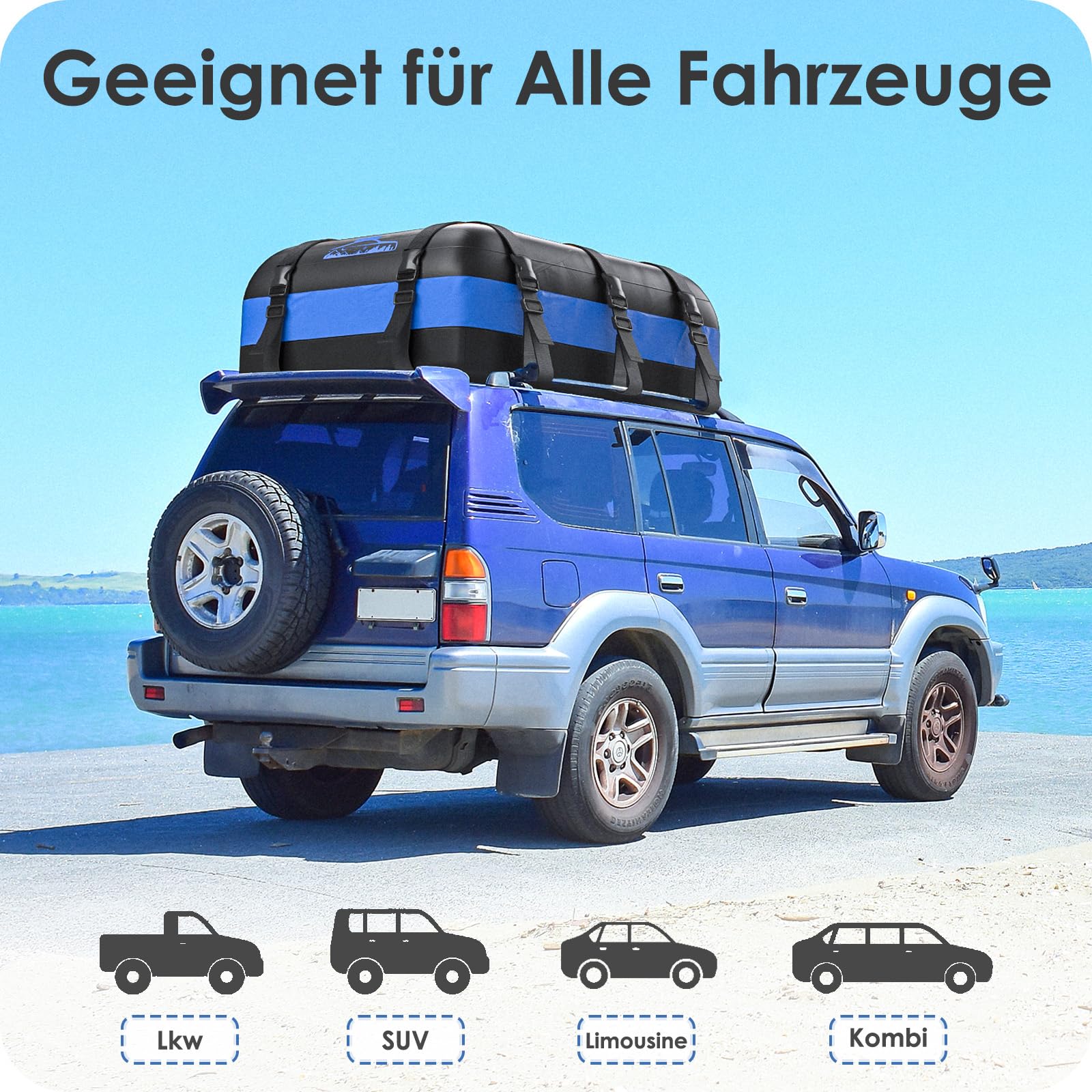 Dachbox Faltbar 20 Cubic/566 L, 700D Wasserdicht Dachbox Auto, Dachbox mit Anti-Rutsch-Matte und 10 Schwerlastgurten, Faltbare Weich Dachtasche Auto für Autos mit/ohne Gepäckträger(Blau)