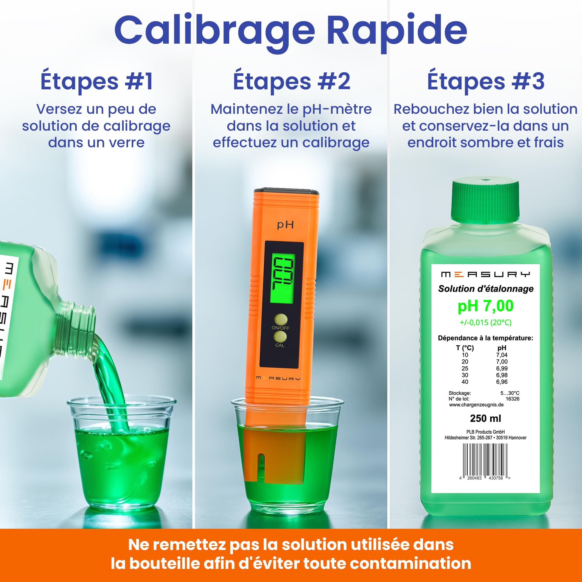 Measury Solution d'étalonnage pH 7.00 et 10.00 - fabriquée en Allemagne, solution tampon pH 250 ml chacune, solution d'étalonnage vert/bleu, ensemble de liquide d'étalonnage