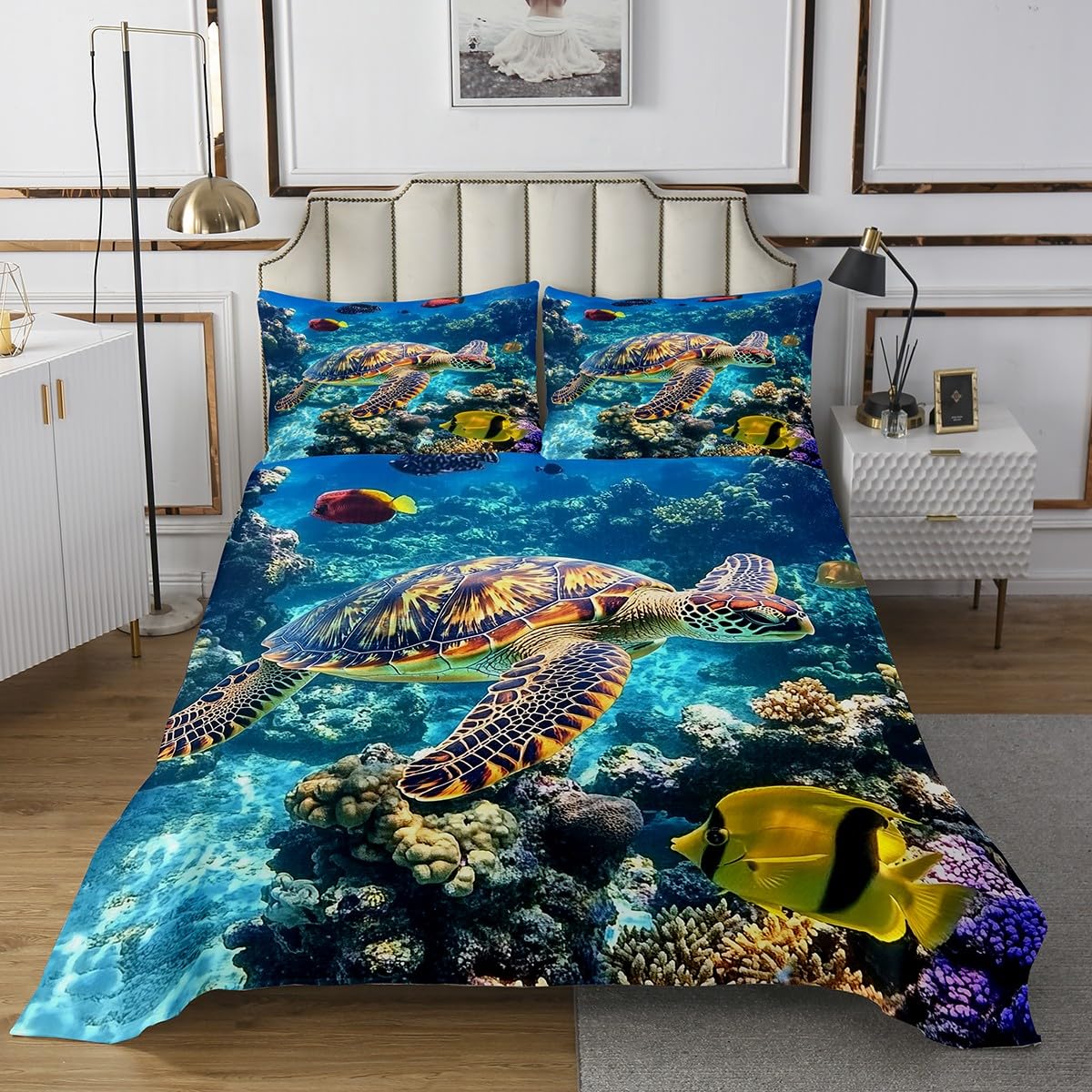 jejeloiu Kids Cute Sea Turtle Quilted Coverlet King Size Underwater World Bedspread for Boys Girls Ocean Nautical Coverlet Set Quilted,1 Bedspread+ 2 Pillow Shams