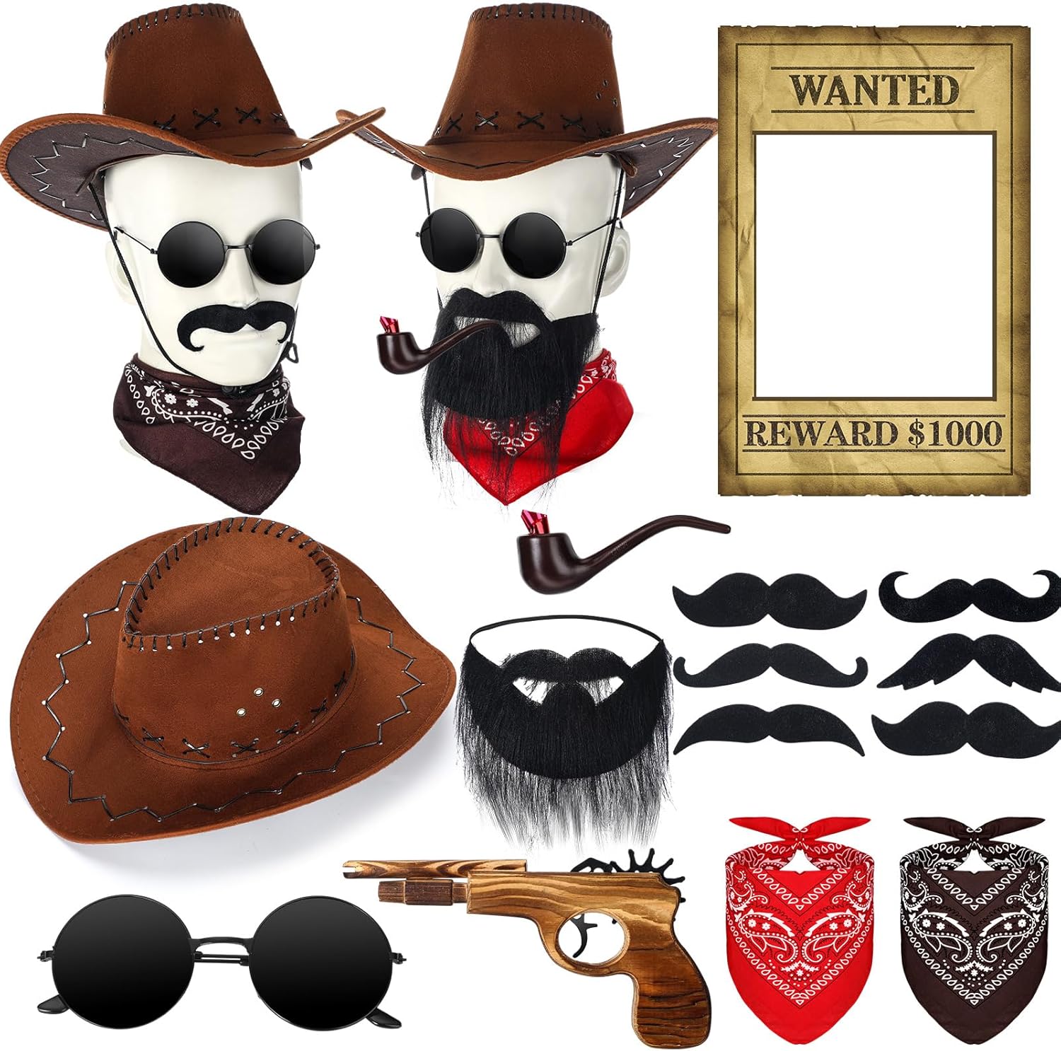 20 Pcs Halloween Western Photo Booth Props Kit Wanted Poster West Cowboy Party Decoration Western Wanted Theme Photo Booth Frame Cowboy Scarf Beard Glasses Hat Set for Halloween West Rustic Party