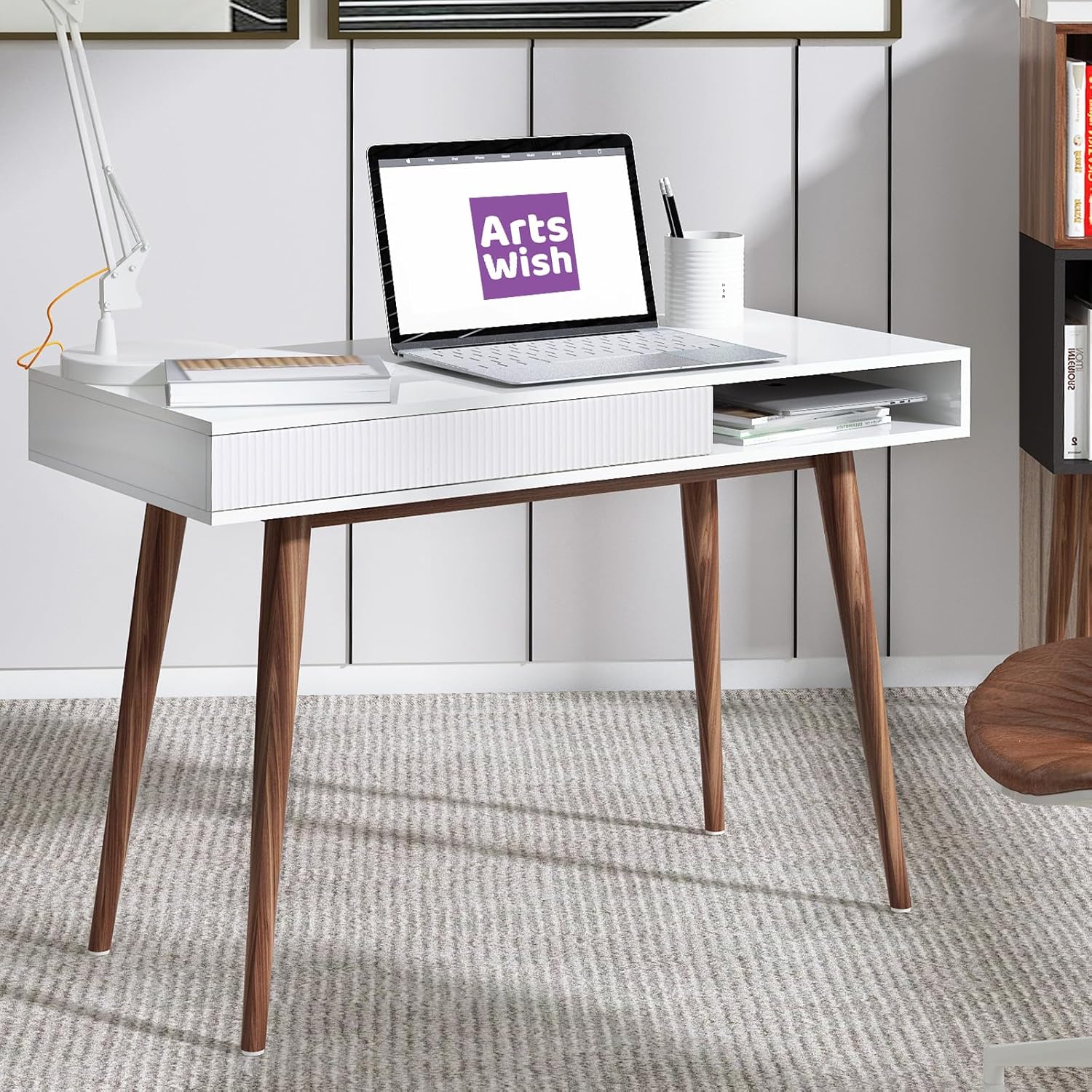 Artswish White Writing Desk with Drawers Mid Century Modern Desk, Wood Office Computer Desks for Small Space, White Desks with Walnut Legs White+walnut