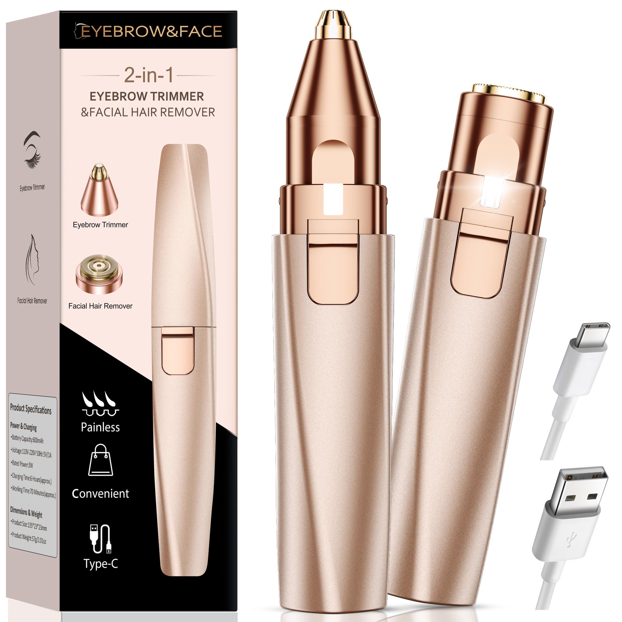 Depiladora Facial Mujer Eléctrica Recargable: Recortadora de Cejas 2 en 1 Sin Dolor/Impermeable para Labio/Barbilla/Mejillas- Regalo Mujer (Dorado)