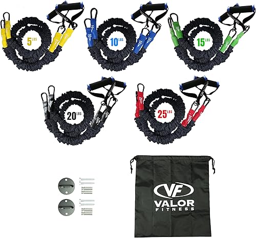 Valor Fitness Bandas de resistencia  5 libras a 25 libras  Mosquetones adjuntos y 2 asas por banda  Funda cubierta  Entrenamiento de fuerza, nuevo