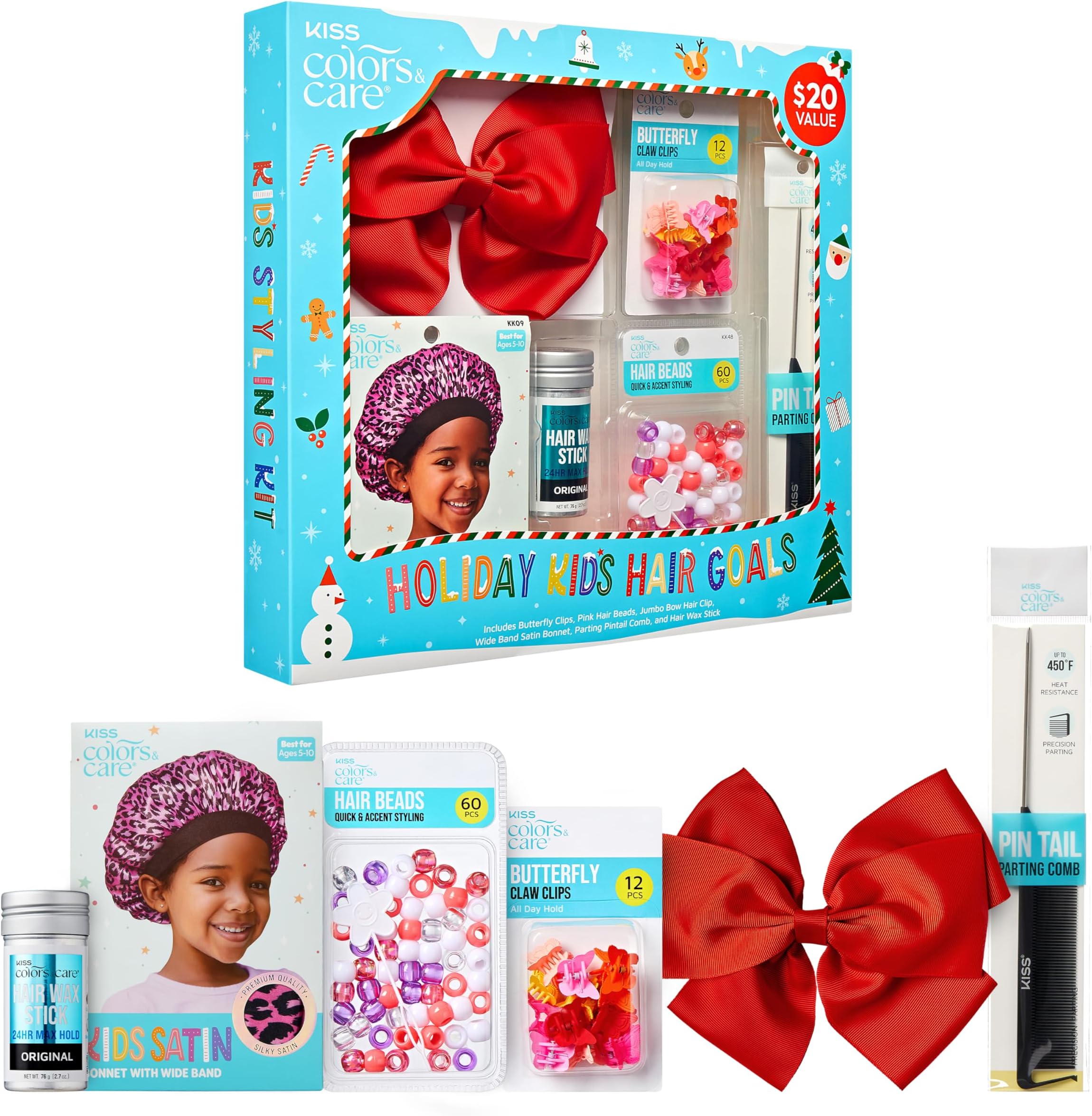 KISS Colors & Care Holiday Hair Goals Kids Hair Styling Gift Set, 12 Pc. Butterfly Claw Clips, 60 Pc. Pink Hair Beads, Wideband Satin Bonnet, Jumbo Bow Hair Clip, Hair Wax Stick, Parting Pintail Comb