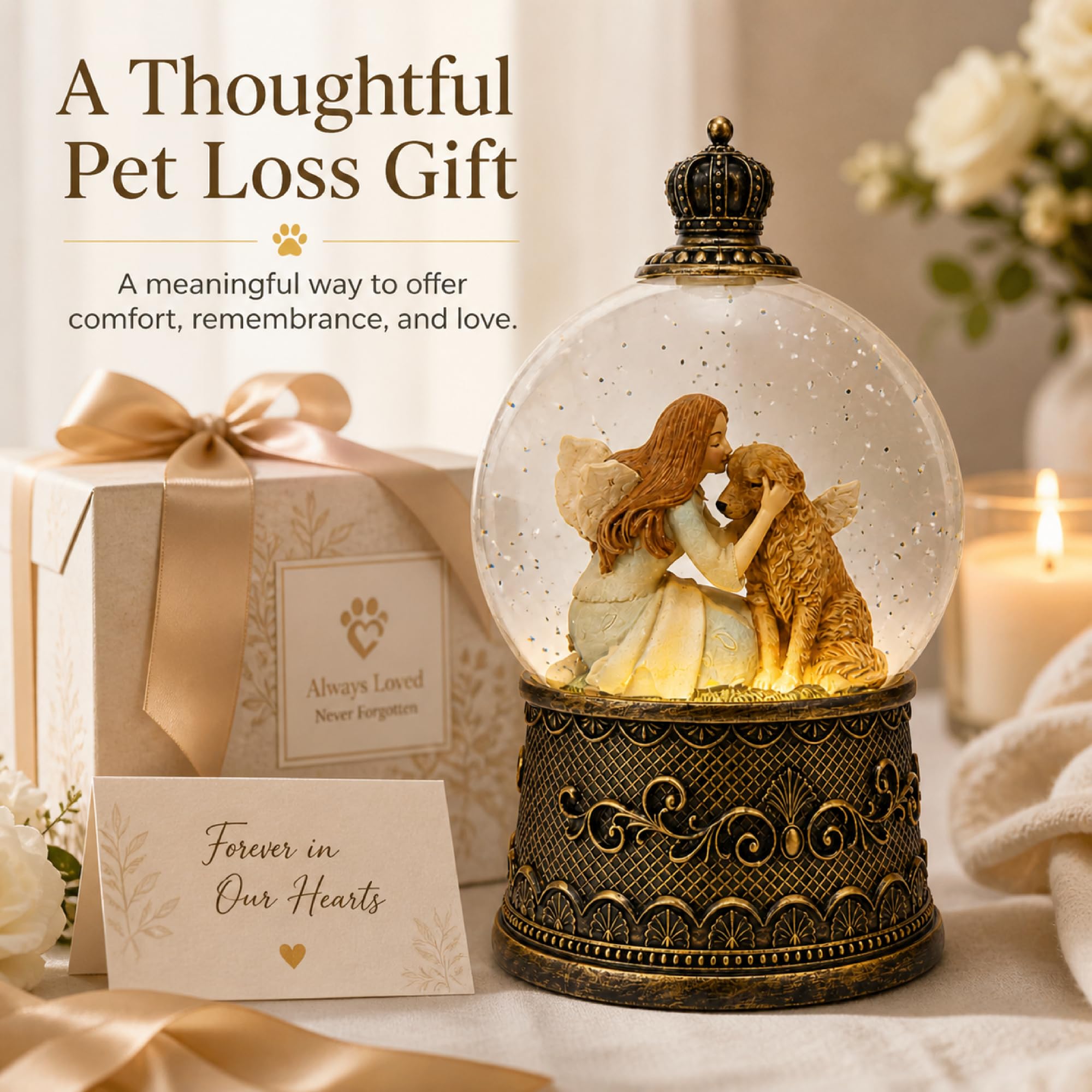 Boule à neige avec musique, boules à neige en forme de chien avec effets scintillants, alimentation USB/batterie avec minuterie de 6 heures, décorations de Noël (noir brossé doré)