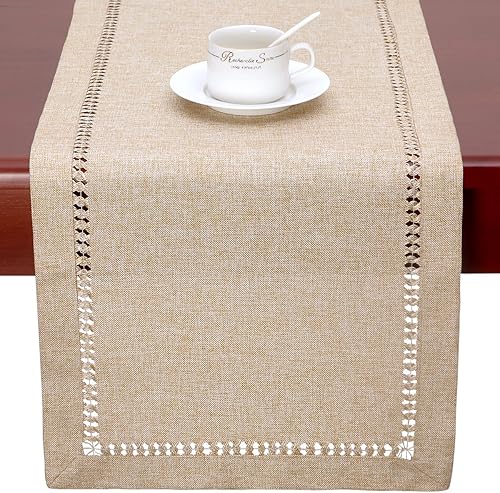 Miniatura 6 de Grelucgo Camino de mesa grande hecho a mano beige con vainica, rectangular, 14 x 120 pulgadas