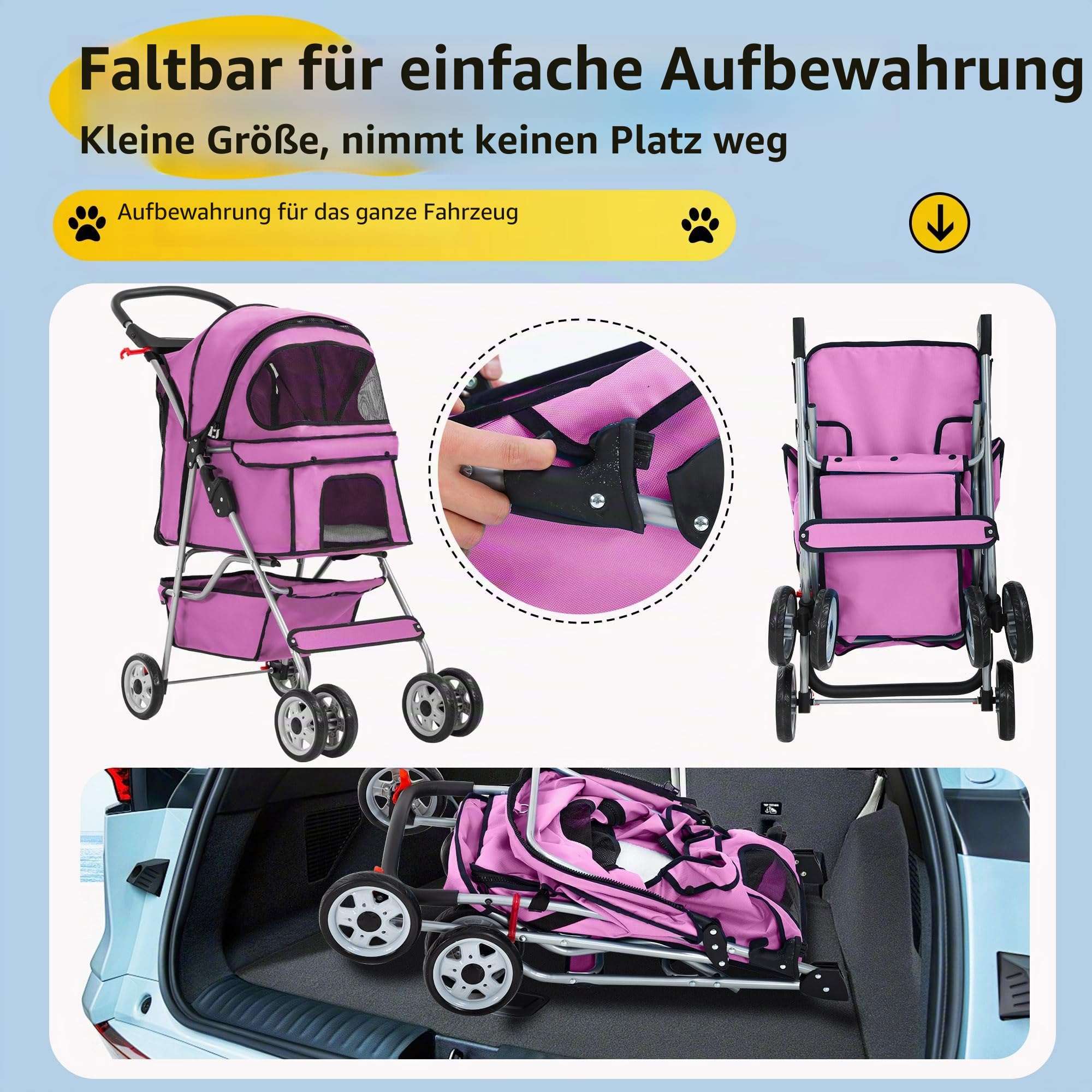 FDW Hundewagen, Faltbar Hundebuggy, Katzenwagen mit 2 360°Drehrädern, Inkl. Aufbewahrungskorb,Kissen&Netzfenstern Getränkehalter 4 Räder, bis 15 kg, Klappbar Haustierbuggy Jogger Buggy, Rosa