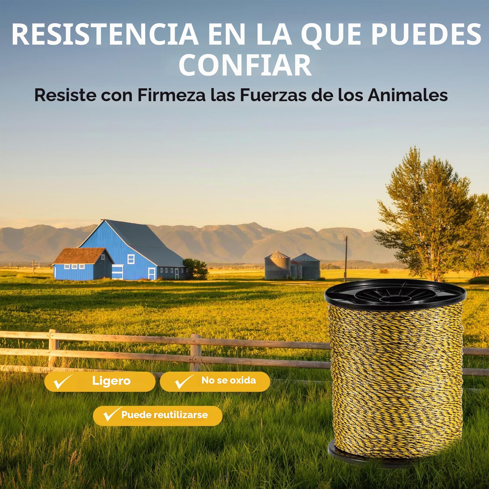 Cuerda para Cerca Eléctrica 500m, 3,0mm, 9 Hilos de Acero Inox & 33 Fibras PE, Negro-Amarillo, Para Caballos, Ganado, Cabras, Perros y Protección de Cultivos