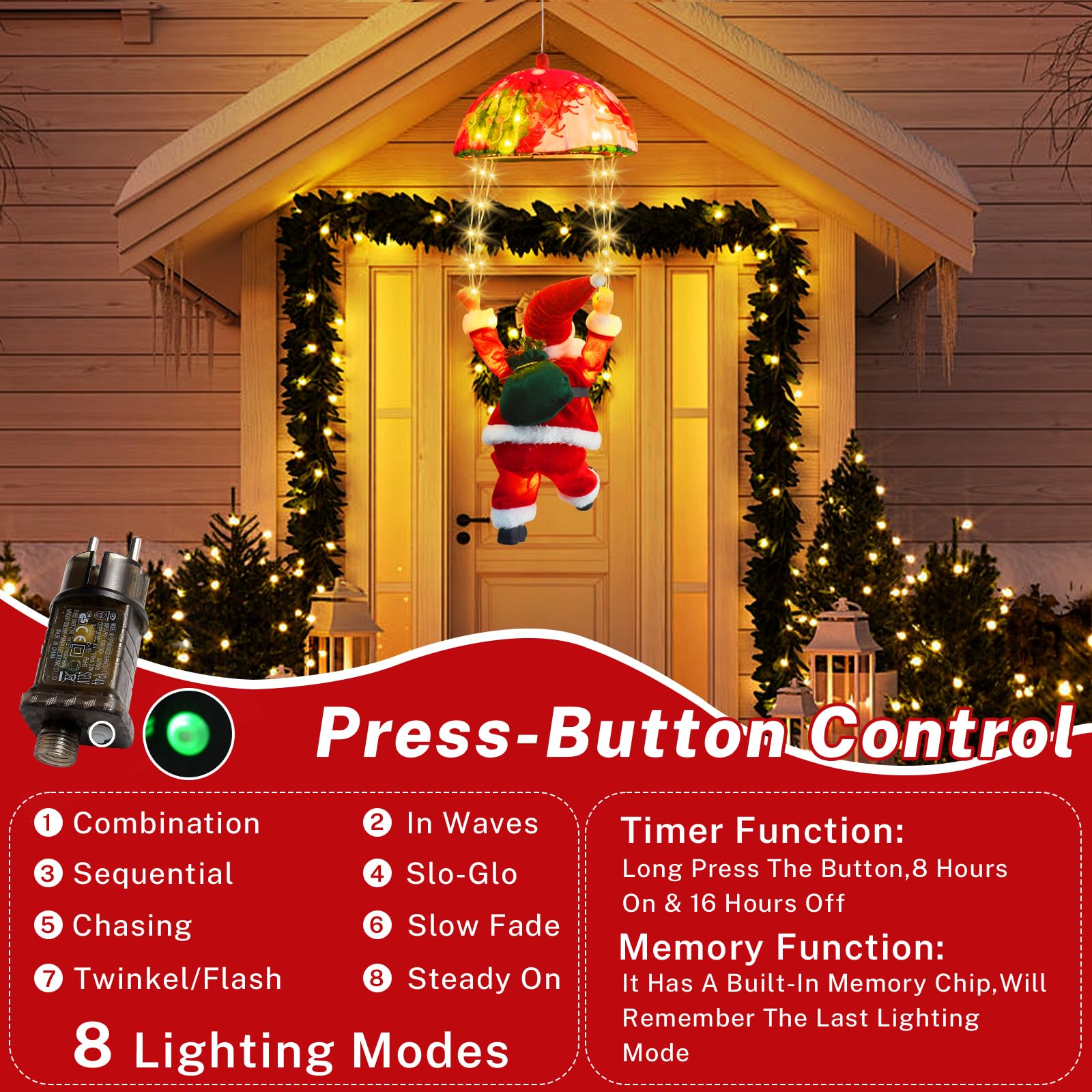Bowfar Guirnalda de luces de Papá Noel, 8 modos, 70 LED, iluminación navideña para exteriores con Santa, temporizador, mando a distancia, luz blanca cálida, para árbol de Navidad, ventana, decoración