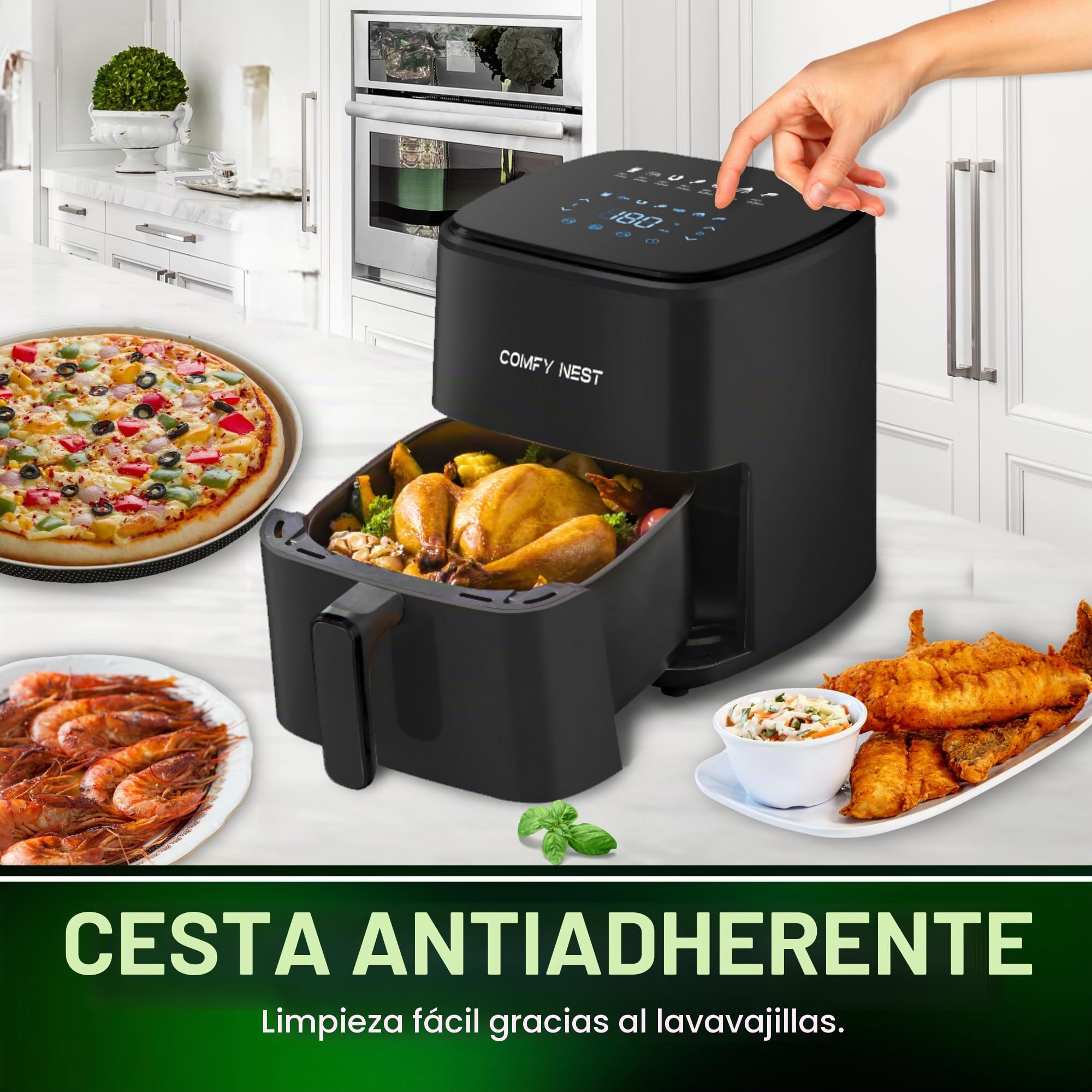 Comfy Nest, Freidora de Aire Caliente 5L con Pantalla Digital 1400W, Tecnología Rapid Air, 10 Programas Preestablecidos, Control de Temperatura 80-200°C, Negra, Cocina Sana y Cómoda, Freidora de Aire