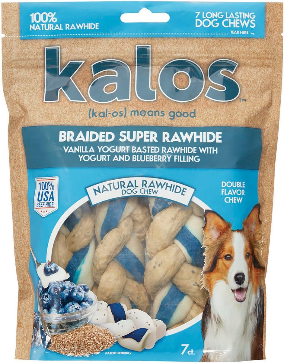 KALOS 1 Pouch 5" Vanilla Yogurt & Blueberry Rawhide Triple Braids Double Chew (7 Pack), 5"