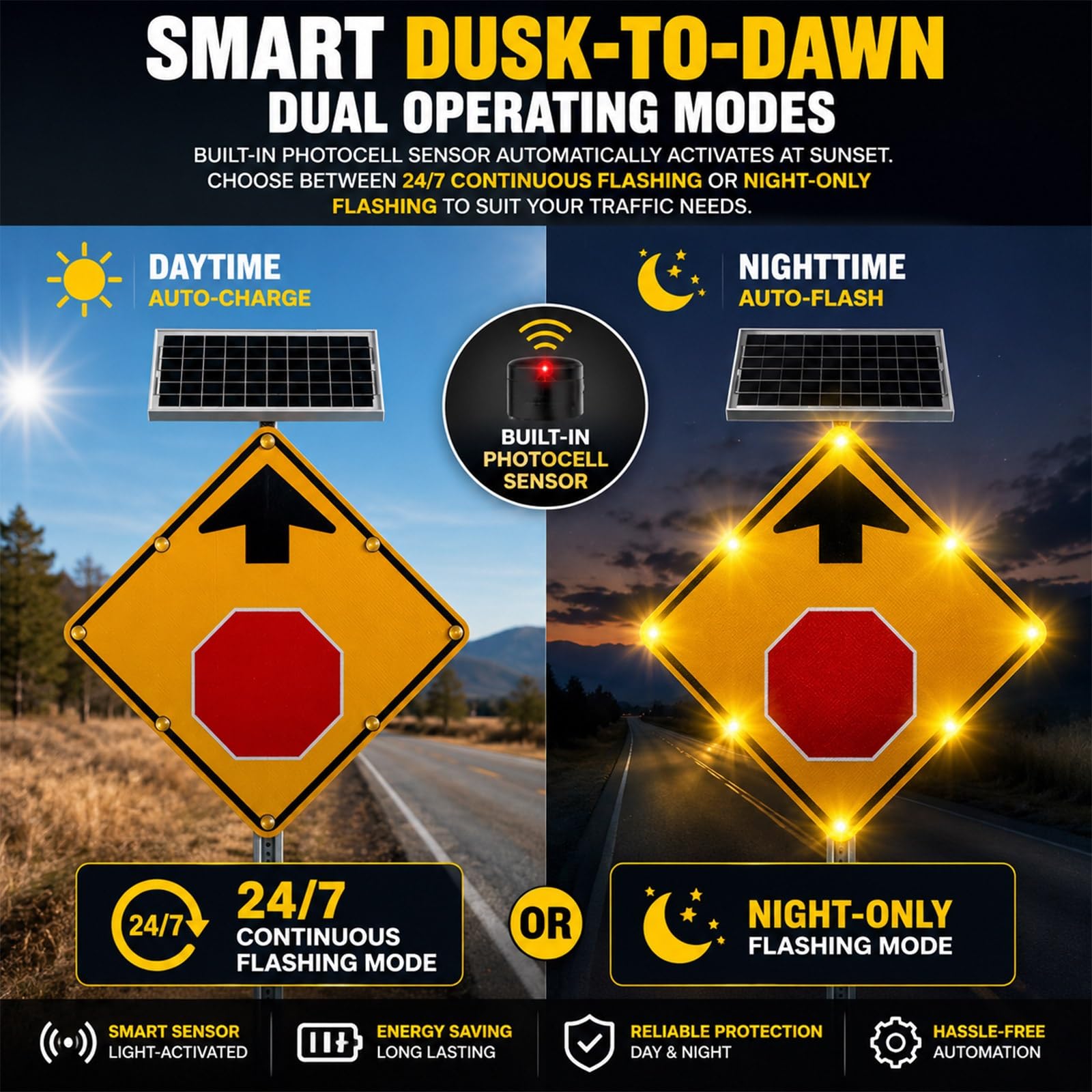 Señalización Vial Stop Adelante Solar 24"/32", Letrero Alta Visibilidad LED Parpadeante, Dispositivo de Peligro en Aluminio Reflectante para Carretera Curva Rampa(32IN)