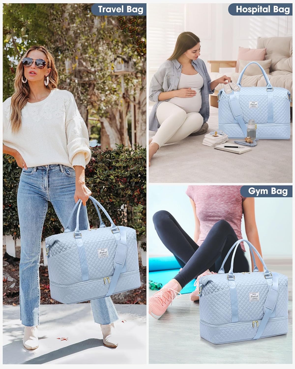 Travel Overnight Bag Weekender Bags- Duffle Bags Women with Shoe Compartment Carry on Overnight Bag with Toiletry Gym Duffel with Wet Pocket Hospital Bags Light Blue - Image 3