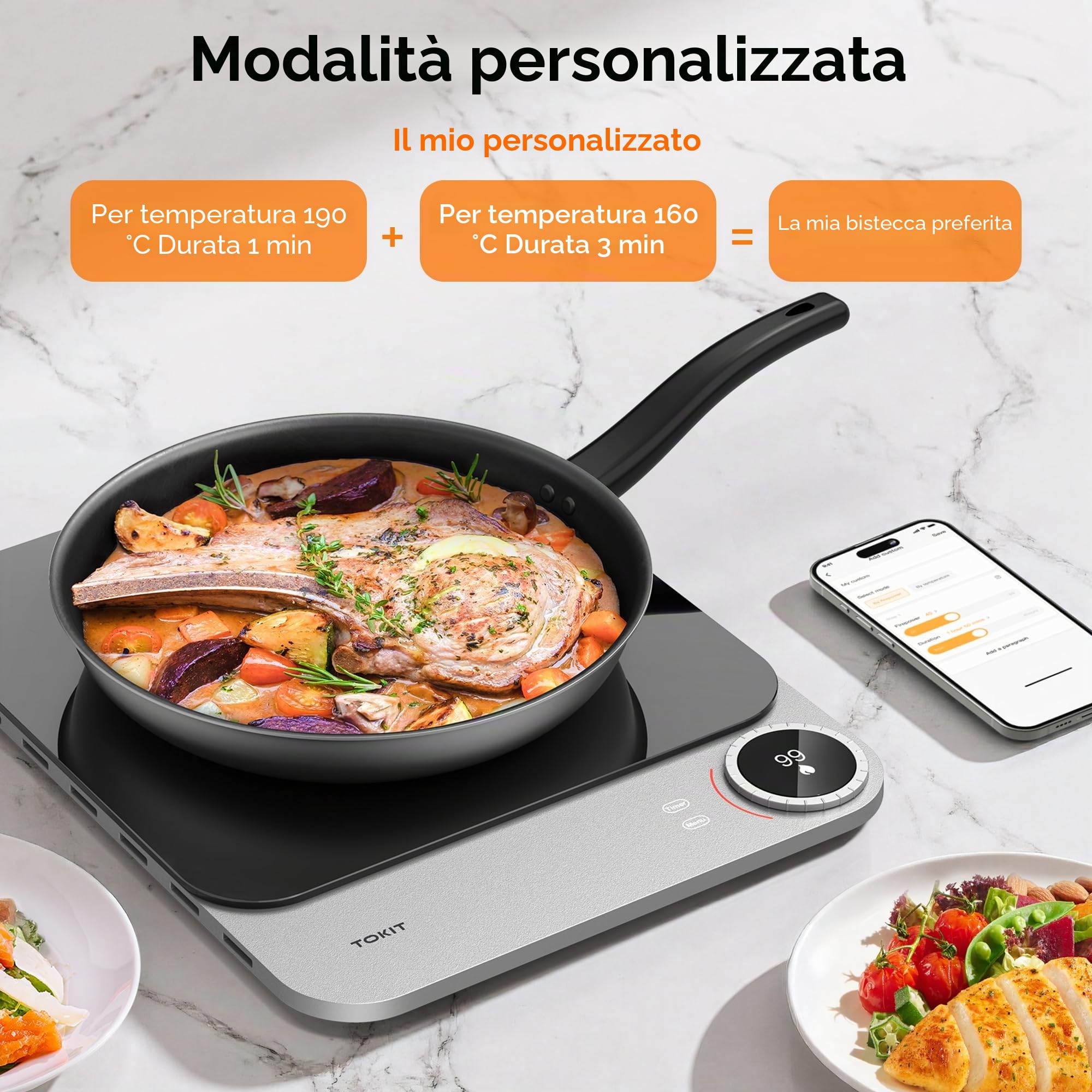TOKIT Piastra Di Cottura A Induzione, Fuoco A 99 Livelli, Manopola+Controllo A Sfioramento,2100 W, Con Display Oled, Timer, Sensore Di Temperatura Ultra Sottile Da 20 Mm Controllo Tramite App