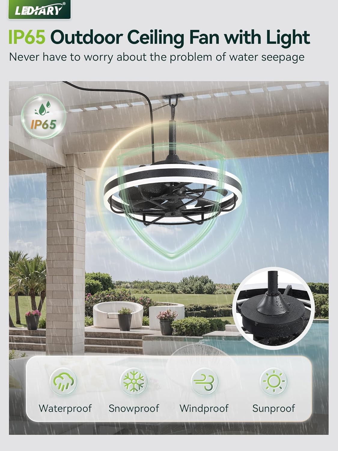 LEDIARY 20" Outdoor Ceiling Fans with Light, IP65 Waterproof Gazebo Fan with Hanging Hook, App Control for 3CCT Dimmable, Caged Plug in Ceiling Fan with Hanging Hook for Patio, Porch, Pergola