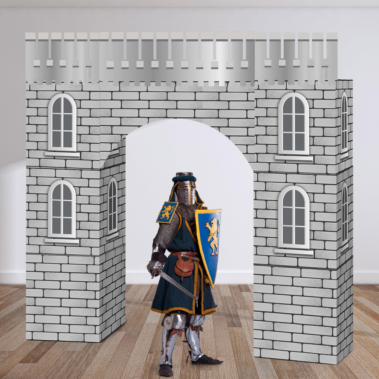 Bucherry 9 Pcs Medieval Party Decorations Knight Cardboard Castle Playhouse Large Medieval Knight Kid Boy Birthday Party Decor 43 x 51 Stone Wall Fort