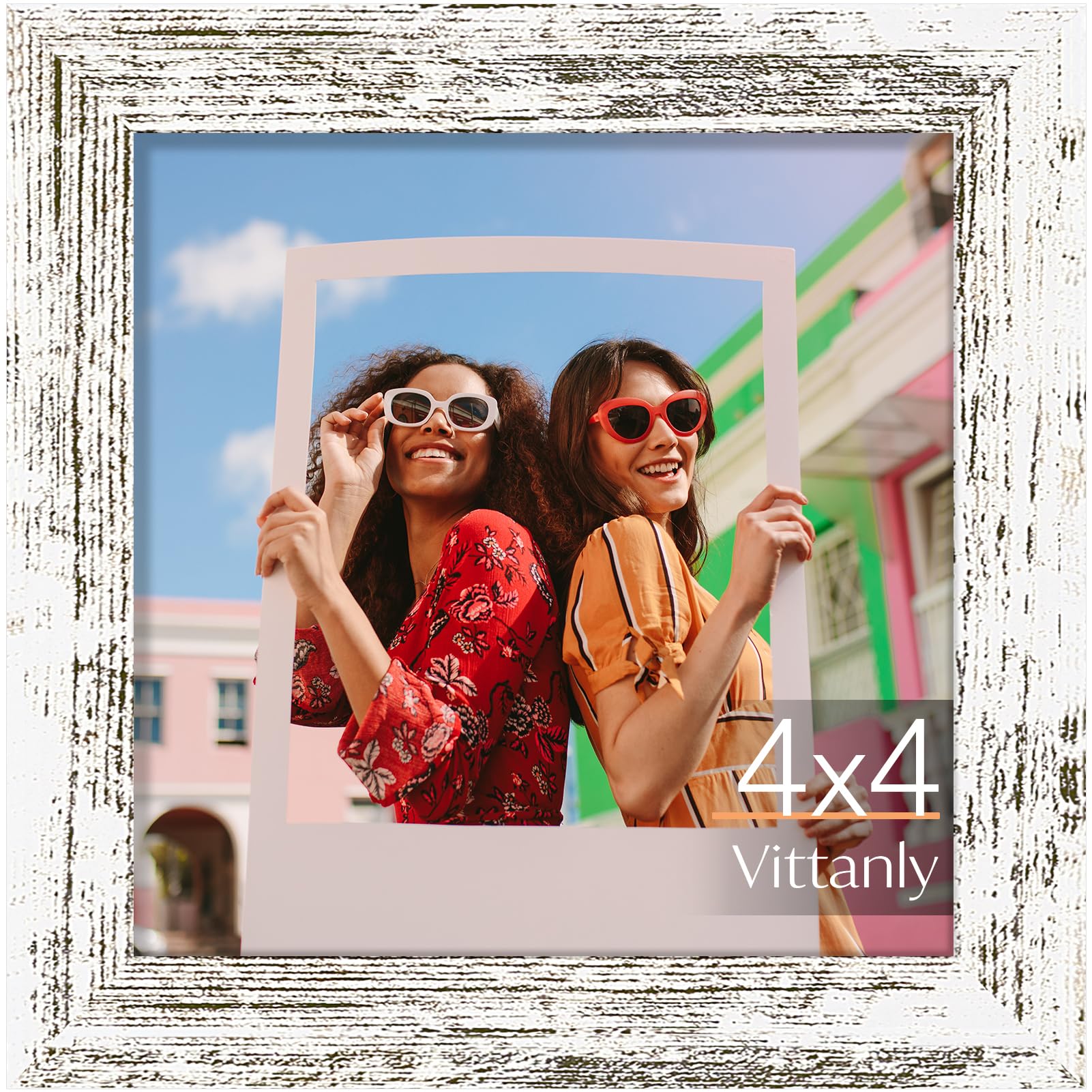 Vittanly 4x4 Picture Frame, Premium Material with Shatter Resistant Plexiglass, Photo Frame for Wall or Table Top Display, Distressed White, 1 Pack — image 1