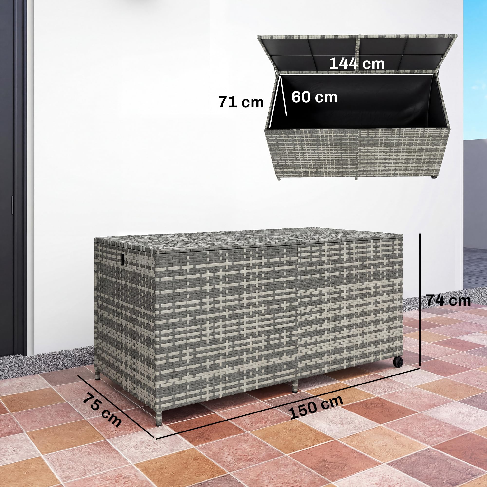 Outsunny - Baúl de Jardín de Resina Trenzado, 650 L, Impermeable con Forro con Cremallera, 2 Ruedas, para Jardín y Balcón, 150 x 75 x 74 cm, Color Gris