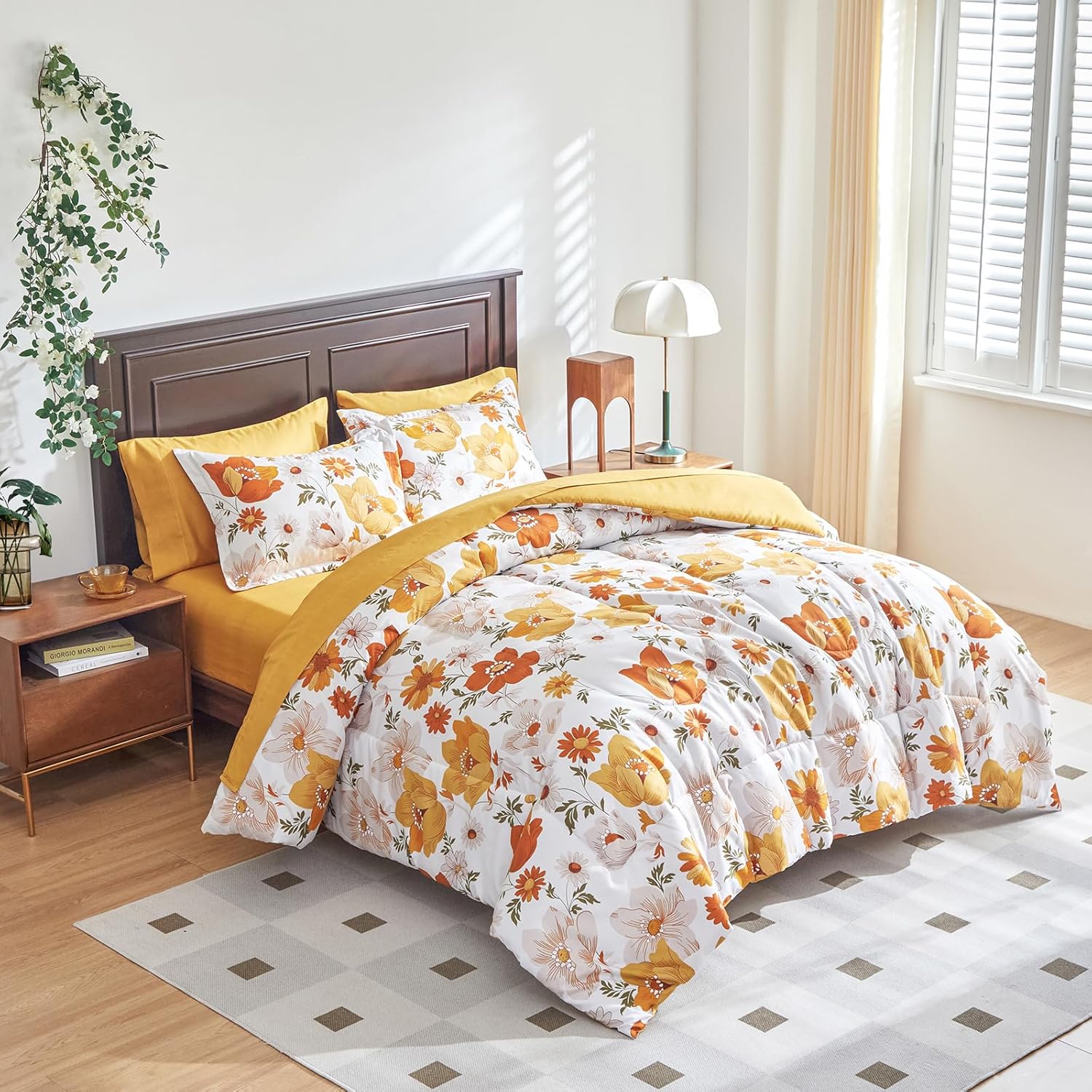 Floral Comforter Set 7 Pieces White with Yellow Orange Flowers Bed in a Bag Queen Size Reversible Bedding Set (1 Comforter 2 Pillow Shams 1 Flat Sheet 1 Fitted Sheet 2 Pillowcases)