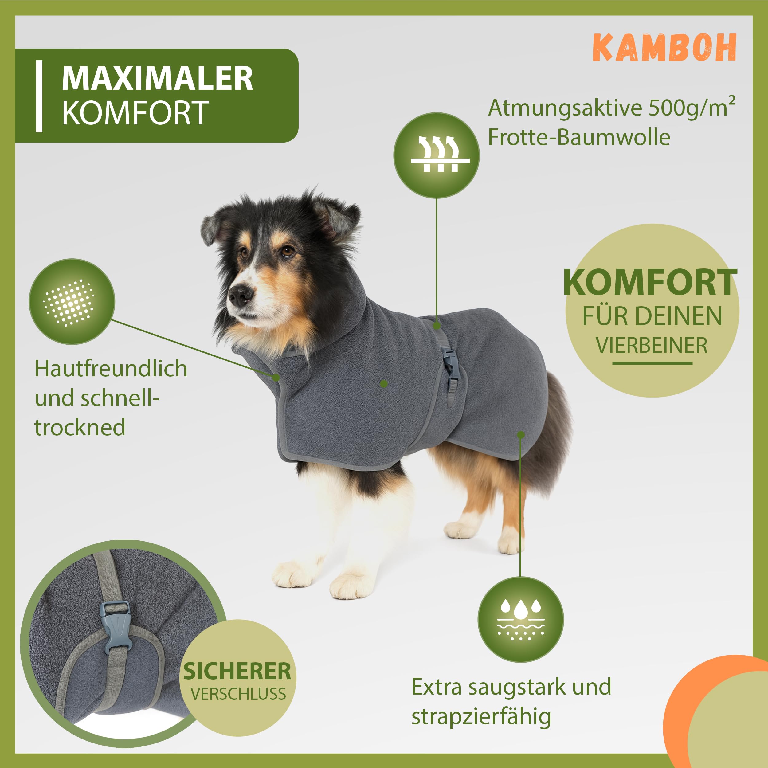 Kamboh® - Premium Hundebademantel inkl. Pfoten-Handtuch 100% Frottee-Baumwolle (Gr. M mittlere Hunde 9-14kg) - Bademantel & Hundemantel (extra saugfähig) - Hunde-Handtuch & Badetuch verstellbar