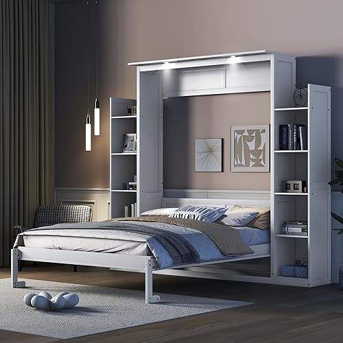 Miniatura 7 de DNYN Cama Murphy de tamaño Queen con estante de almacenamiento y diseño de marco de cama plegable y de pared, para espacios pequeños, dormitorio,