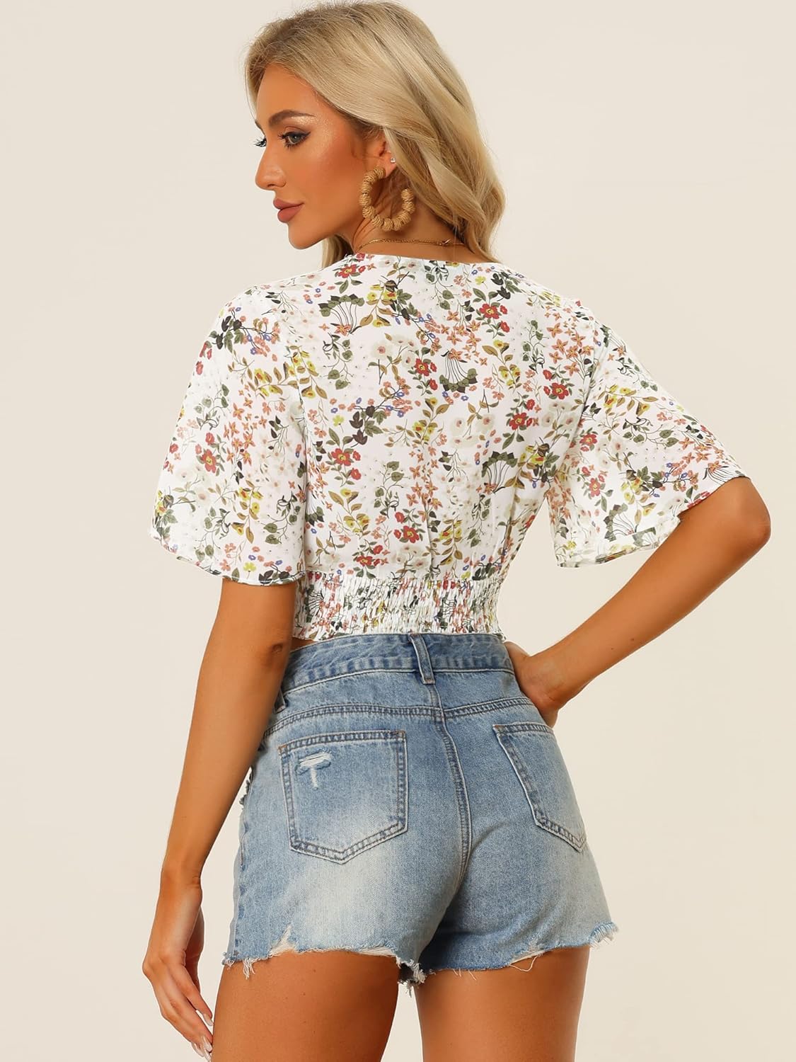 Allegra K Women's Floral Blouse Flare Short Sleeve V Neck 2025 Trendy Summer Smocked Crop Tops - Image 4
