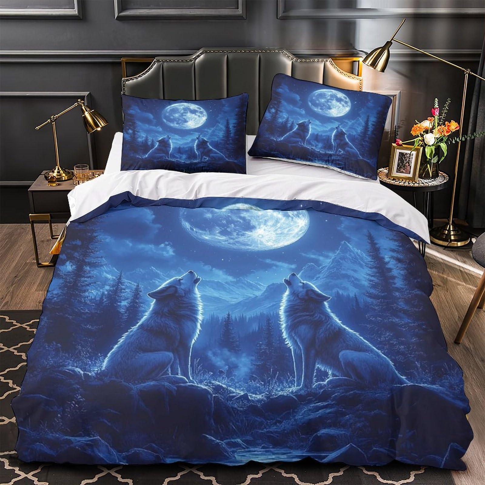 MMDASBVPE Full Moon Night Duvet Cover 3D Design Printed Anti-allergic 3 Pieces Bedding Set Zipper Quilt Cover Hotel Quality Washable for Adults Kids Women Teens Youth Girls King（220x240cm）