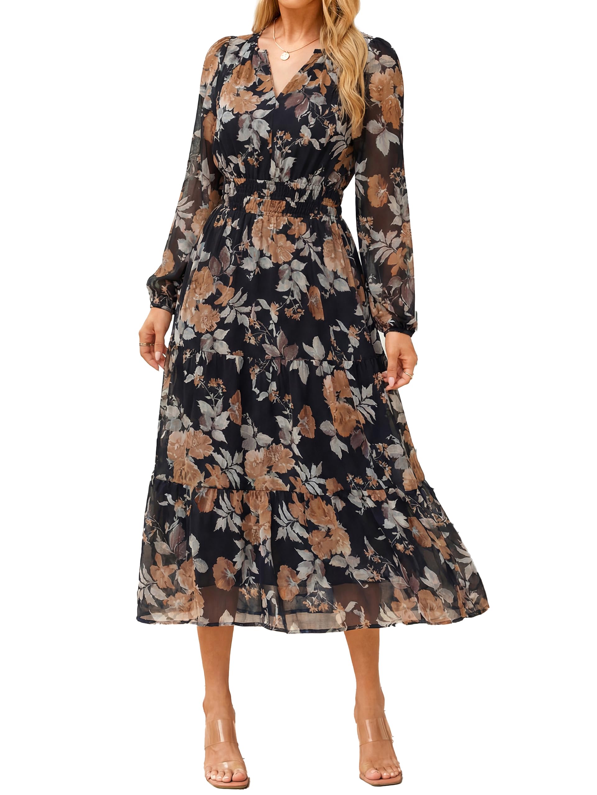 Simplee Women's Floral Boho Long Sleeve Maxi Dress V Neck Empire Waist