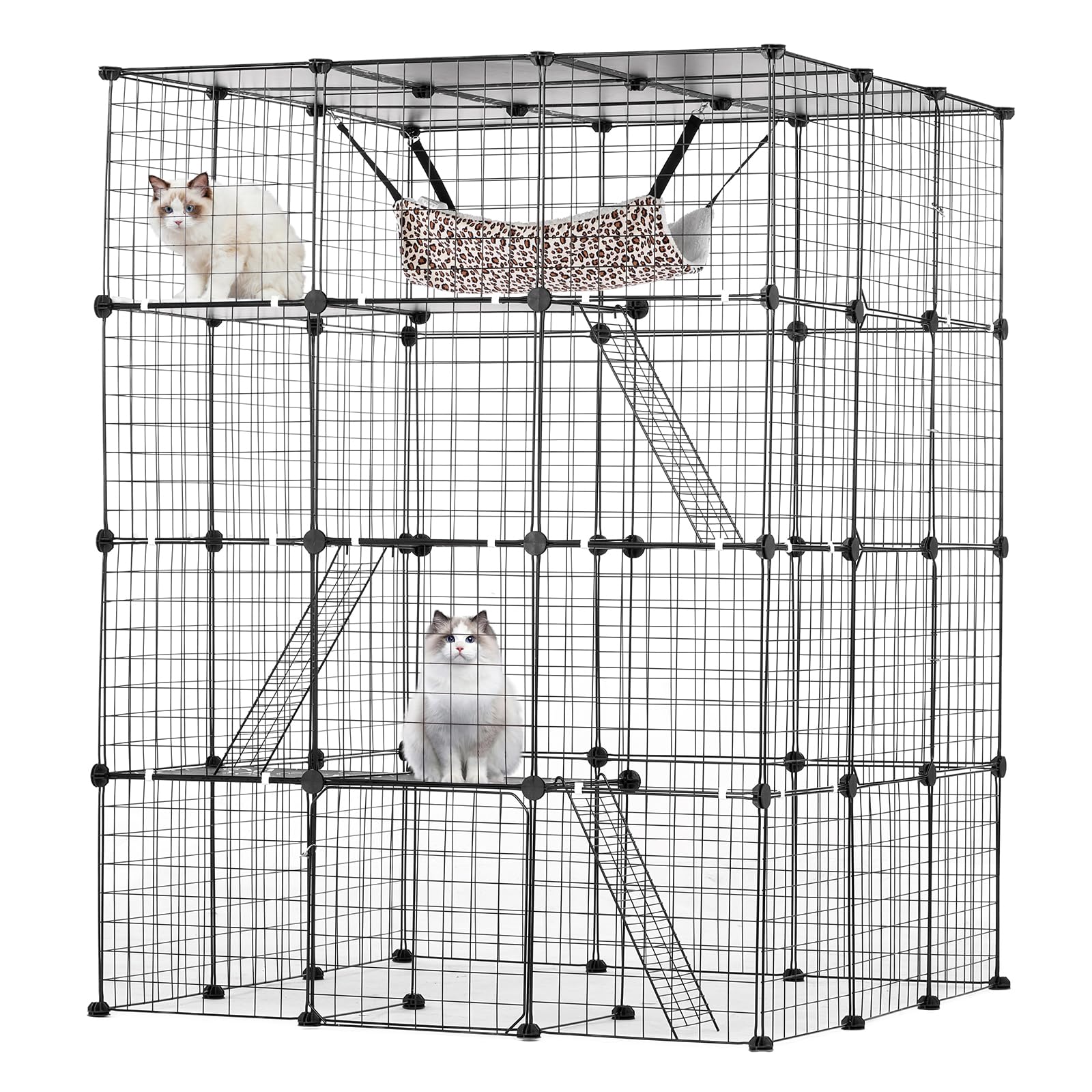 VEVOR Cage Chat 4 Niveaux, Grand Enclos Chats Fil Métallique Modulable Amovible à Monter, avec 4 Portes, Échelles, Hamac, Espace Exercice Extérieur Intérieur pour Petits Animaux, 1041x1041x1397 mm