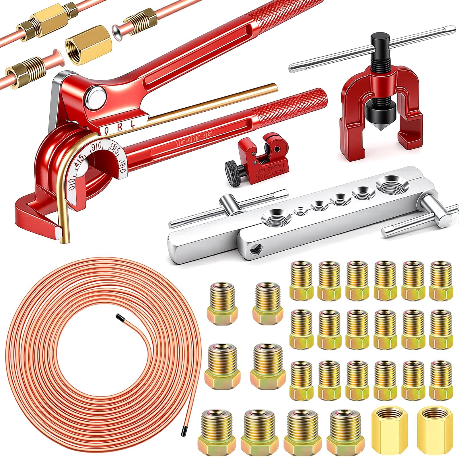 smseace 26Pack 3/16 Inch Brake line kit Include 25 FT Copper-Plated Brake Lines with Fitting(16pcs Fittings,2pcs Union+4pcs Nut) Brake line Bender,Single Flare Tool,Cutter 3/16 Inch Brake line kit