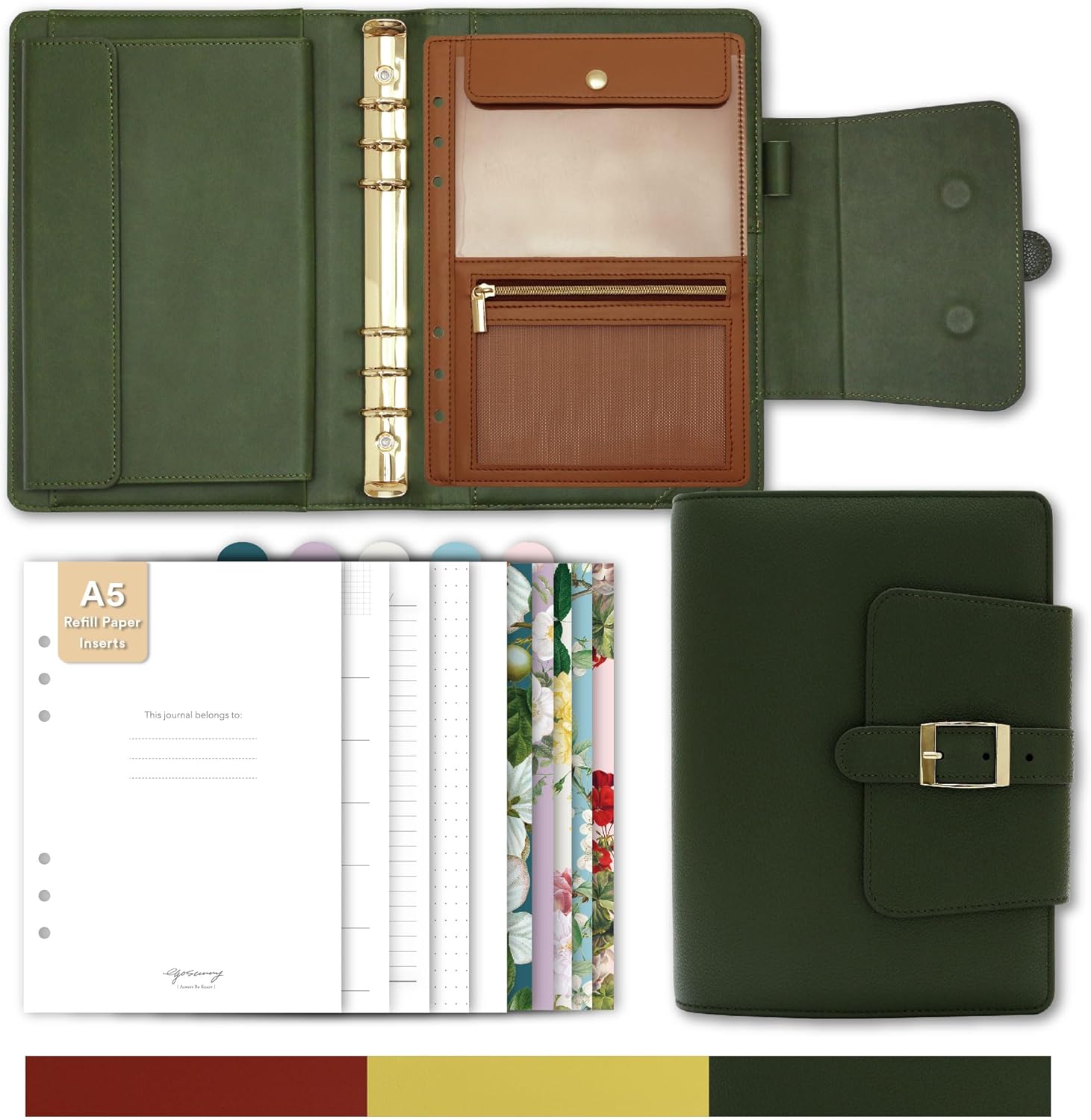 EGOSUNNY® Luxury A5 PU Leather Binder Gift Set – 5.8" x 8.3" Elegant 6-Ring Journal with Undated Planner Cover, 80 Sheets Refill Paper, 5 Dividers, Removable Pouch - for Work, School & Personal Use