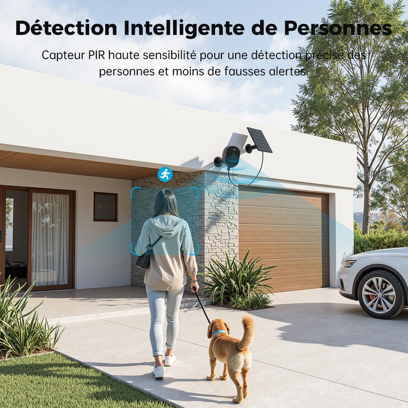 Woox Telecamera Pannello Solare Esterna 2.5K 4MP, Telecamera WiFi Esterno Senza Fili con Batteria Integrata, Visione Notturna a Colori, Rilevamento PIR Persone, IP65, 2.4GHz